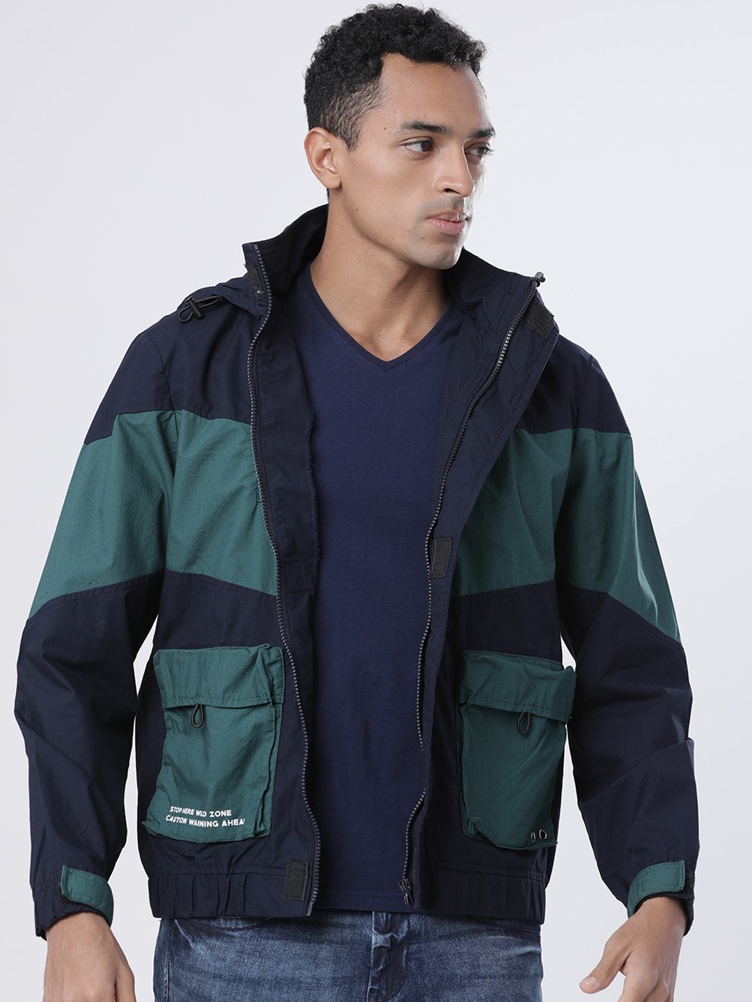 

LOCOMOTIVE Men Navy Blue Colourblocked Cotton Open Front Jacket