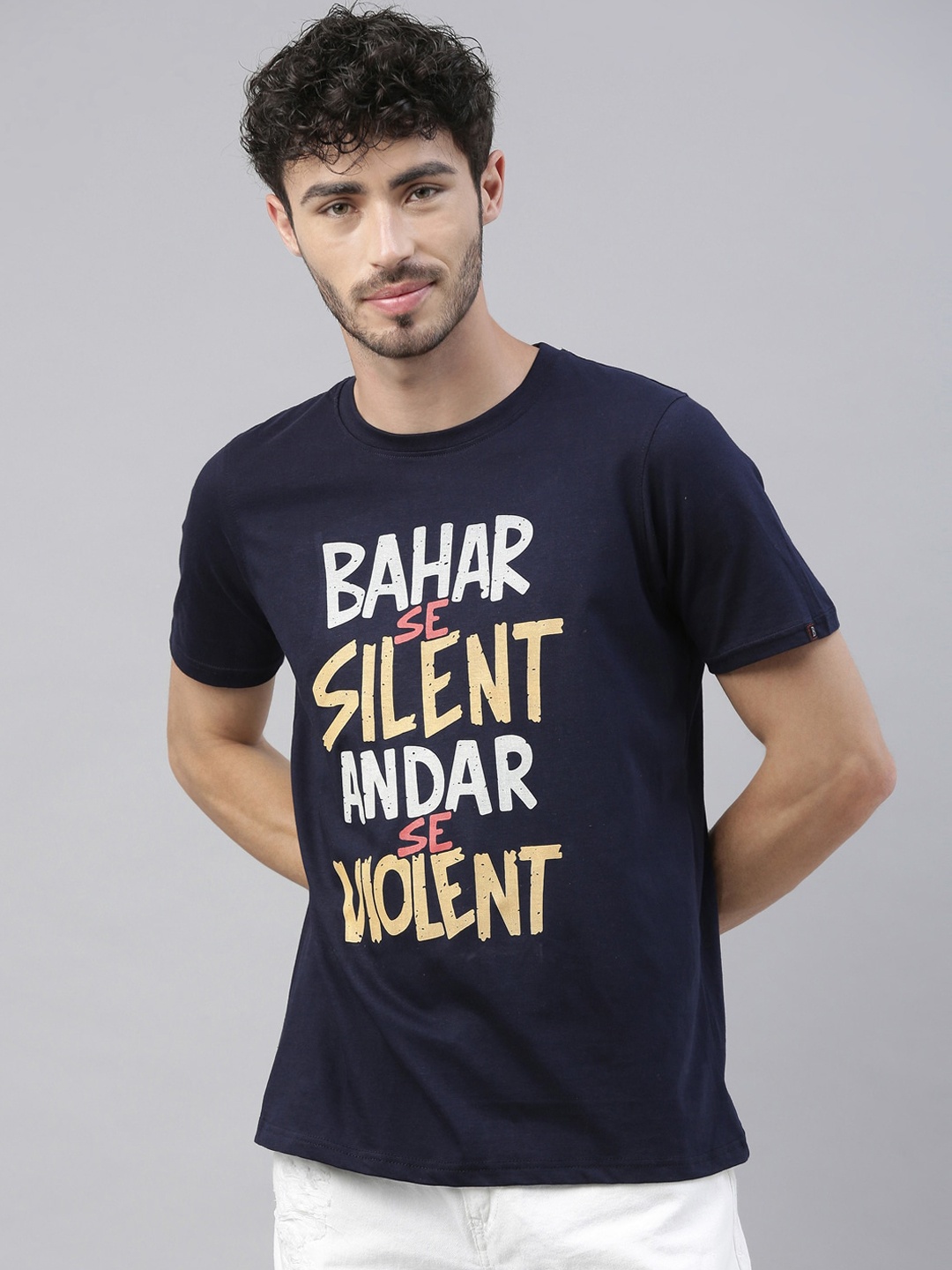 

Bushirt Men Navy Blue Printed Round Neck T-shirt
