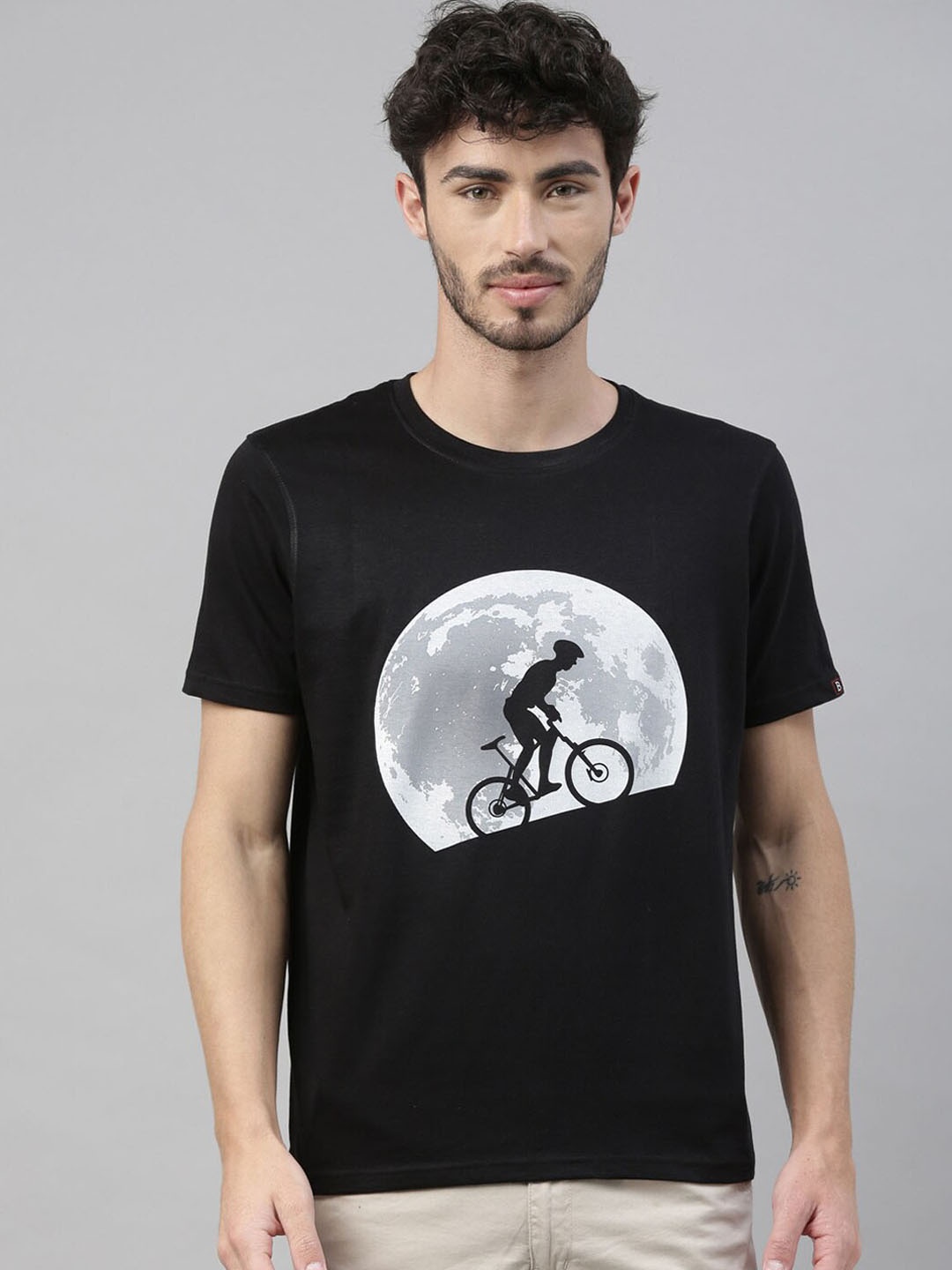 Bushirt Men Black Grey Printed Round Neck Cotton Pure Cotton T-shirt