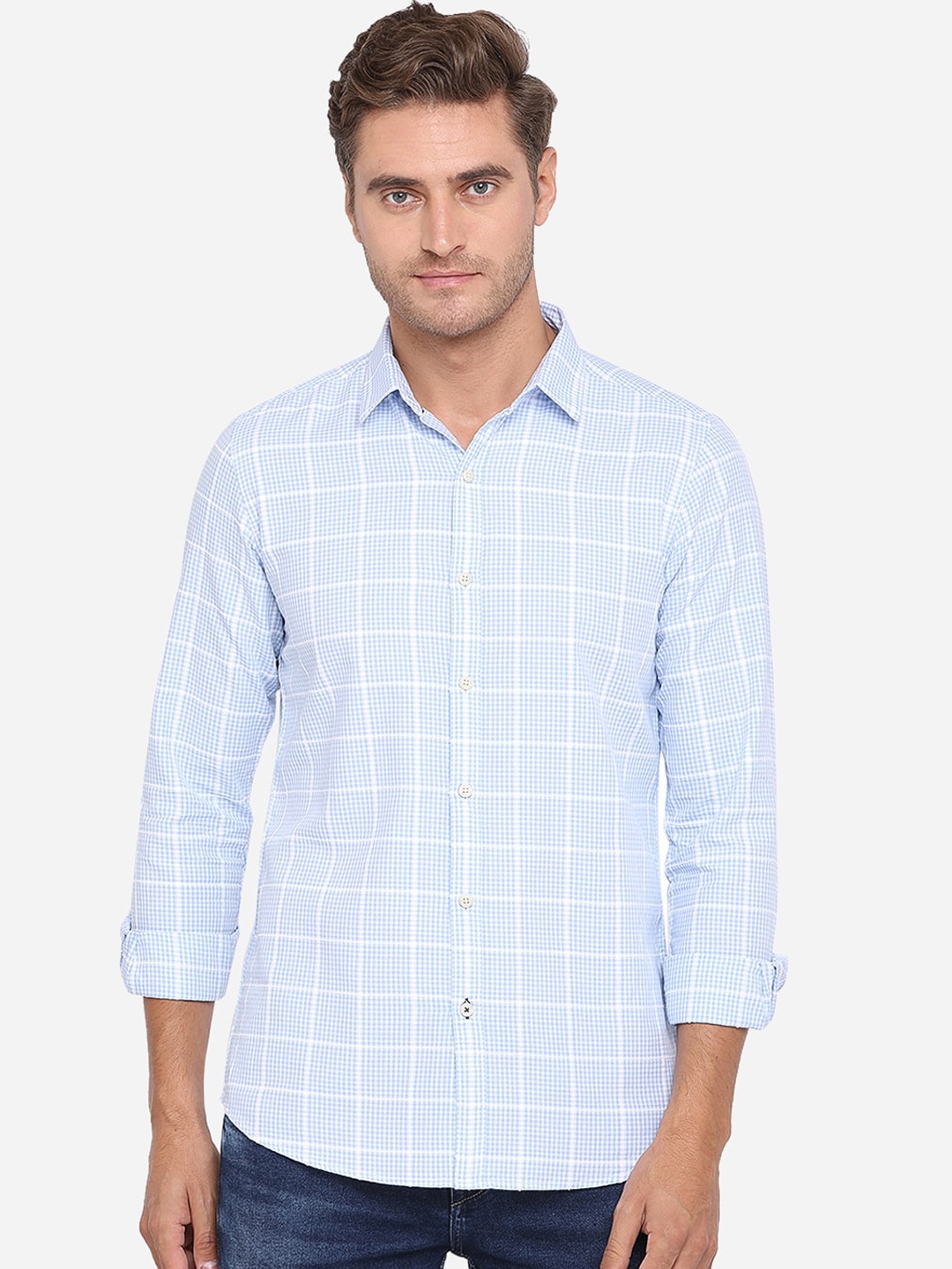 

JADE BLUE Men White & Blue Slim Fit Checked Cotton Casual Shirt