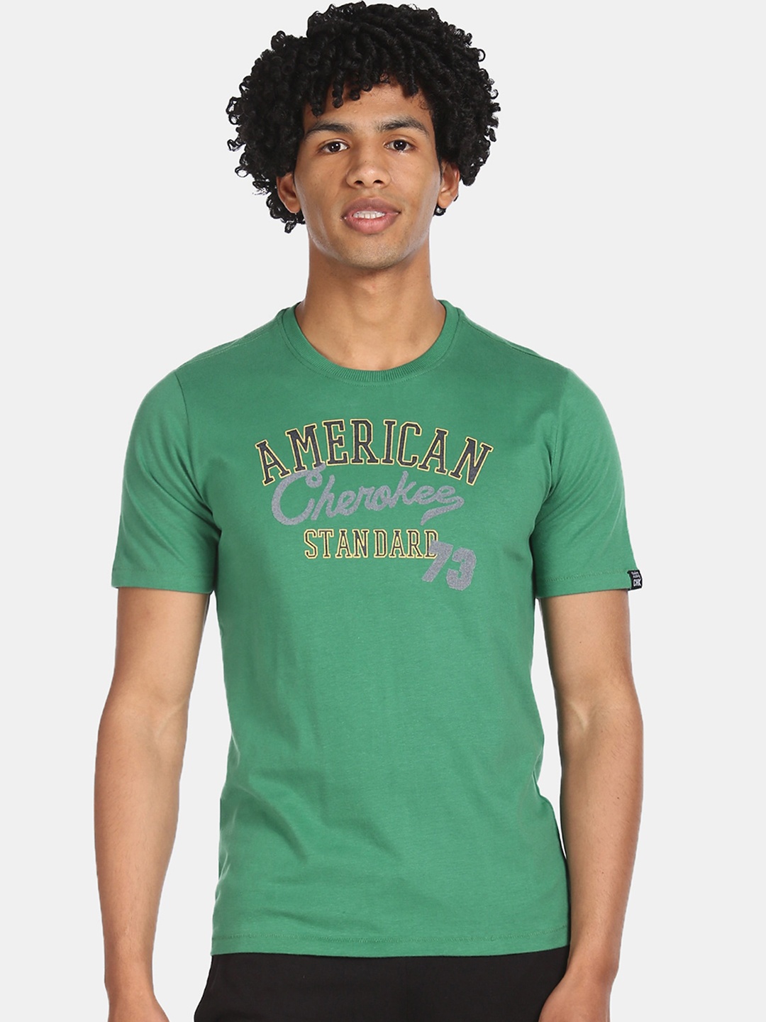 

Cherokee Men Green Black Printed Round Neck Cotton Pure Cotton T-shirt