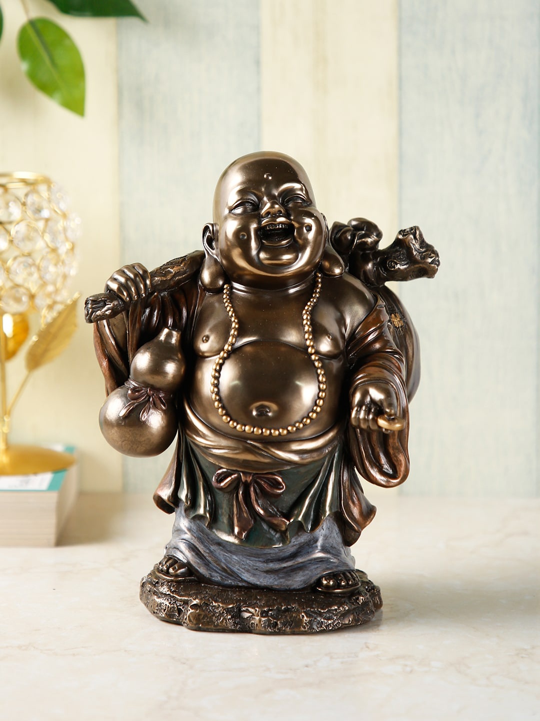 CraftVatika Gold-Toned Laughing Buddha Idol Showpiece, Brown
