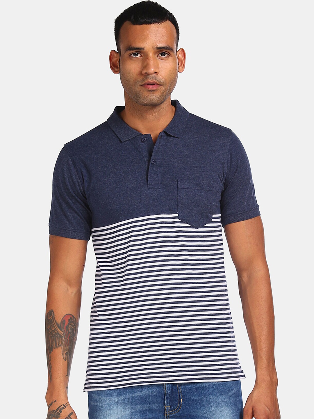 

Ruggers Men Navy Blue & Off-White Striped Polo Collar T-shirt