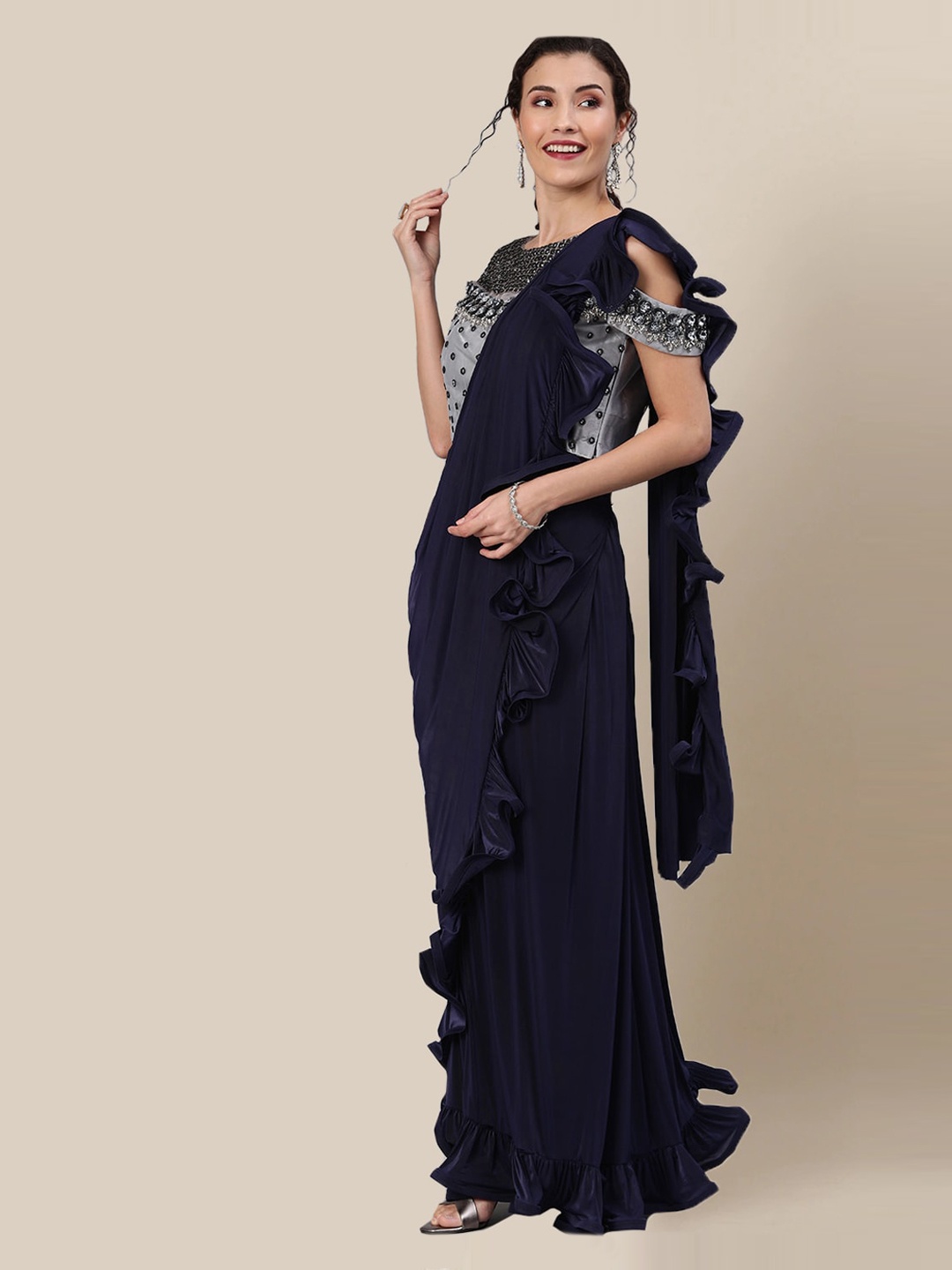 

Chhabra 555 Navy Blue Solid Poly Georgette Ruffled Ready To Wear Saree