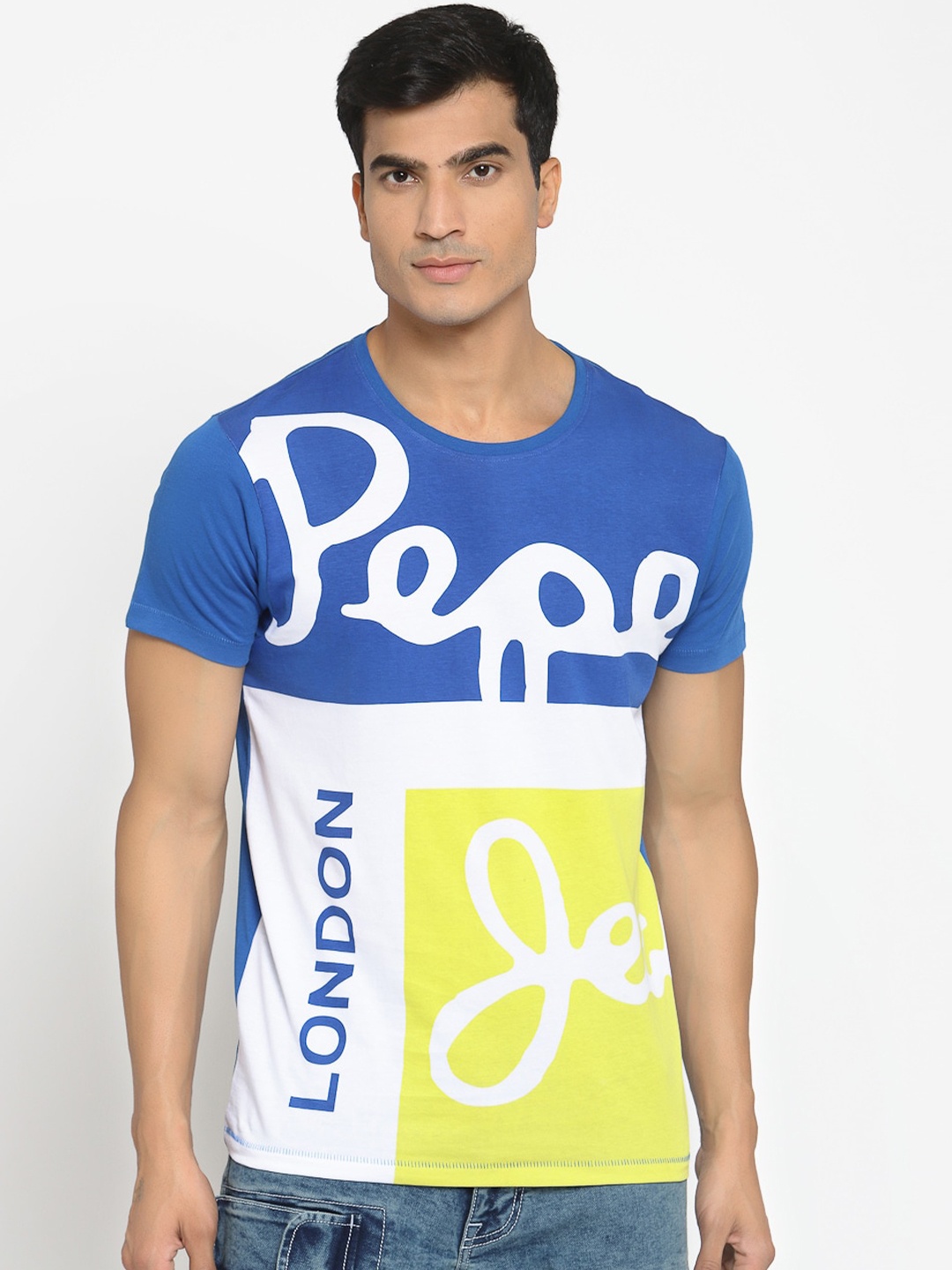

Pepe Jeans Men Blue & Yellow Printed Round Neck T-shirt