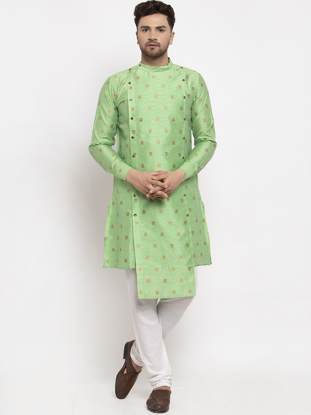 

KLOTTHE Men Parrot Green & Gold-Toned Woven Design Straight Kurta