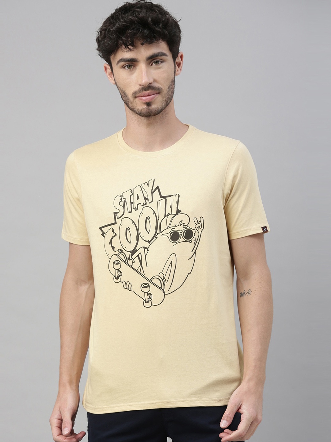 Bushirt Men Beige Printed Round Neck Cotton Pure Cotton T-shirt