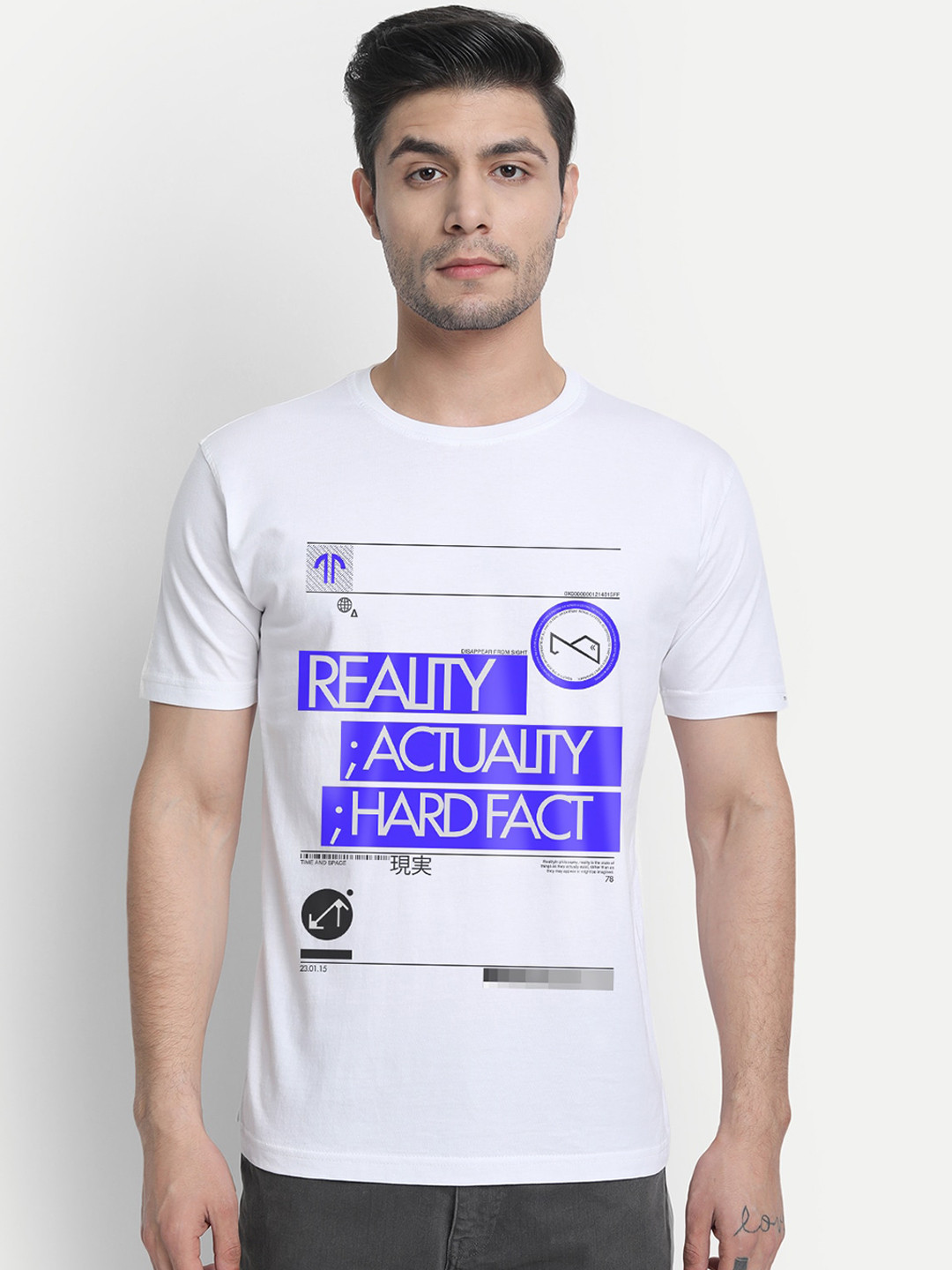 

THREADCURRY Men White Blue Printed Round Neck Pure Cotton T-shirt