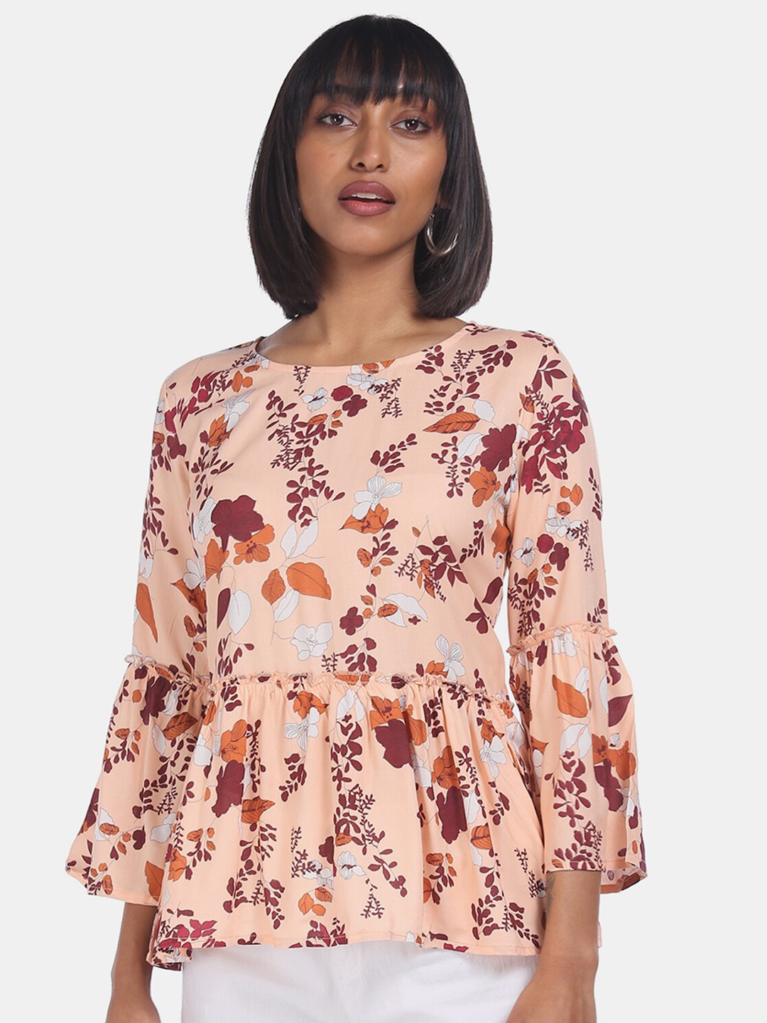 

Cherokee Peach-Coloured Floral Printed Bell Sleeves Peplum Top