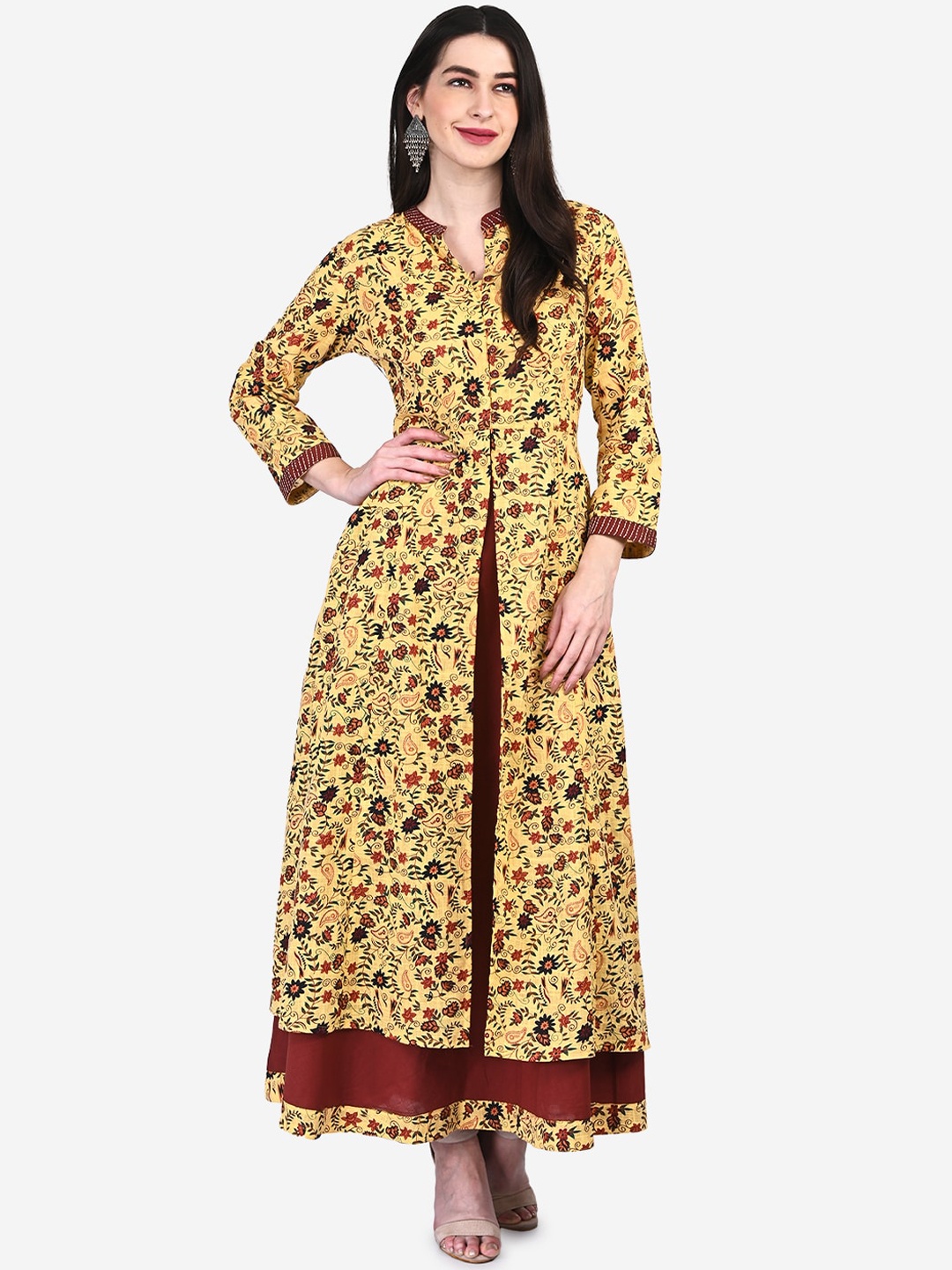 

Be Indi Women Yellow Printed Double Layered Maxi Dress