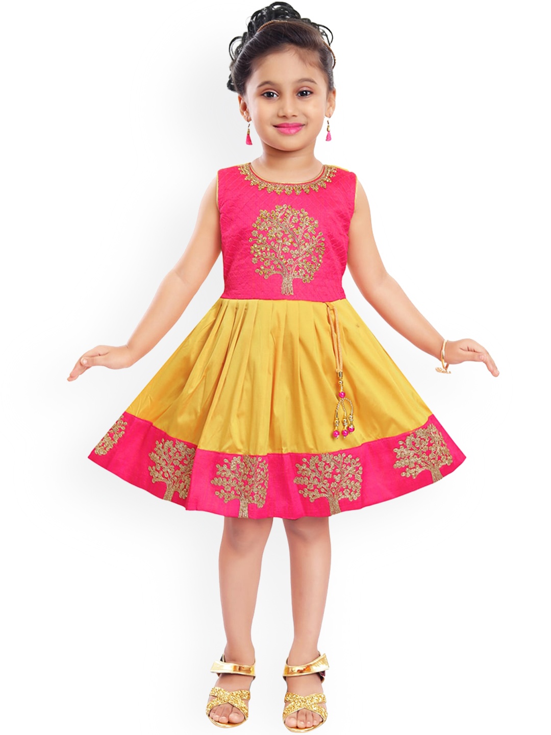 Wish Karo Girls Yellow Self Design Fit and Flare Dress