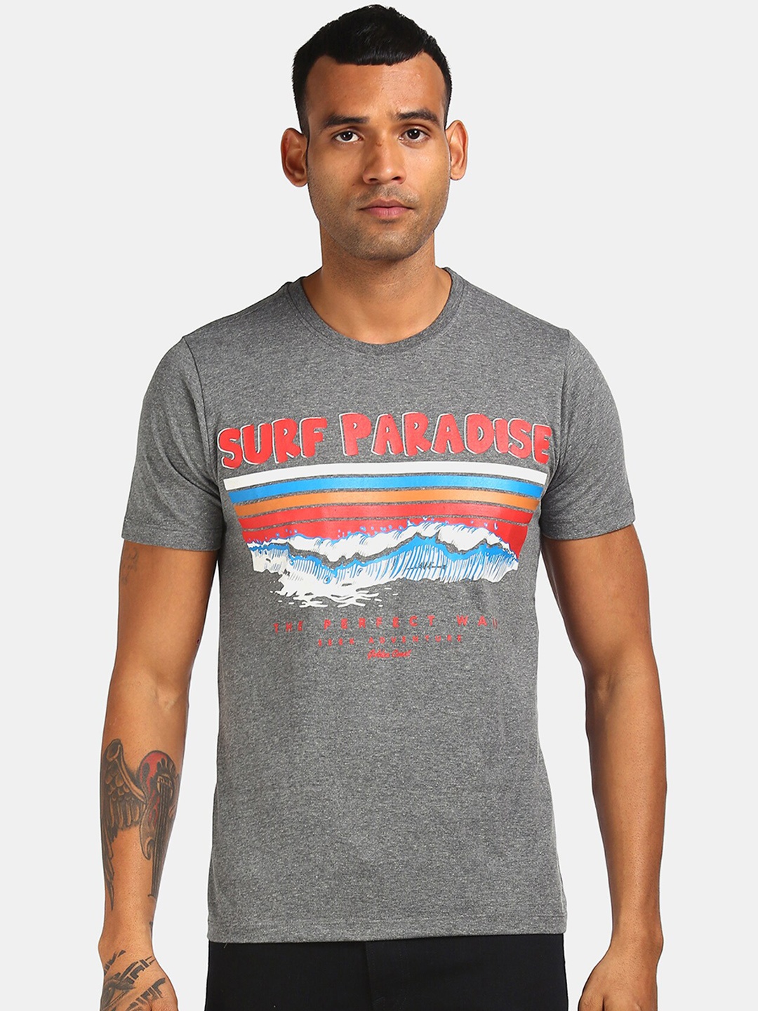 Colt Men Grey Printed Round Neck Pure Cotton T-shirt