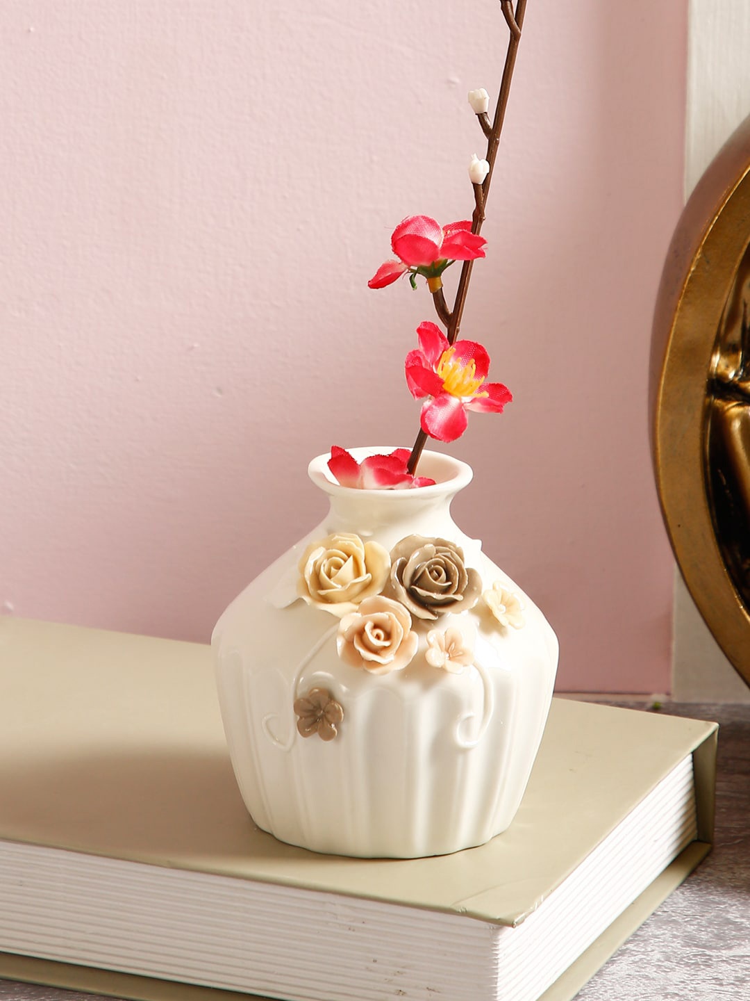 

TAYHAA White & Beige Handcrafted Embellished Ceramic Flower Vase