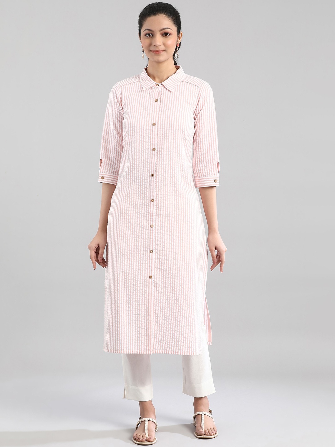 

AURELIA Women Peach-Coloured & White Striped Kurta