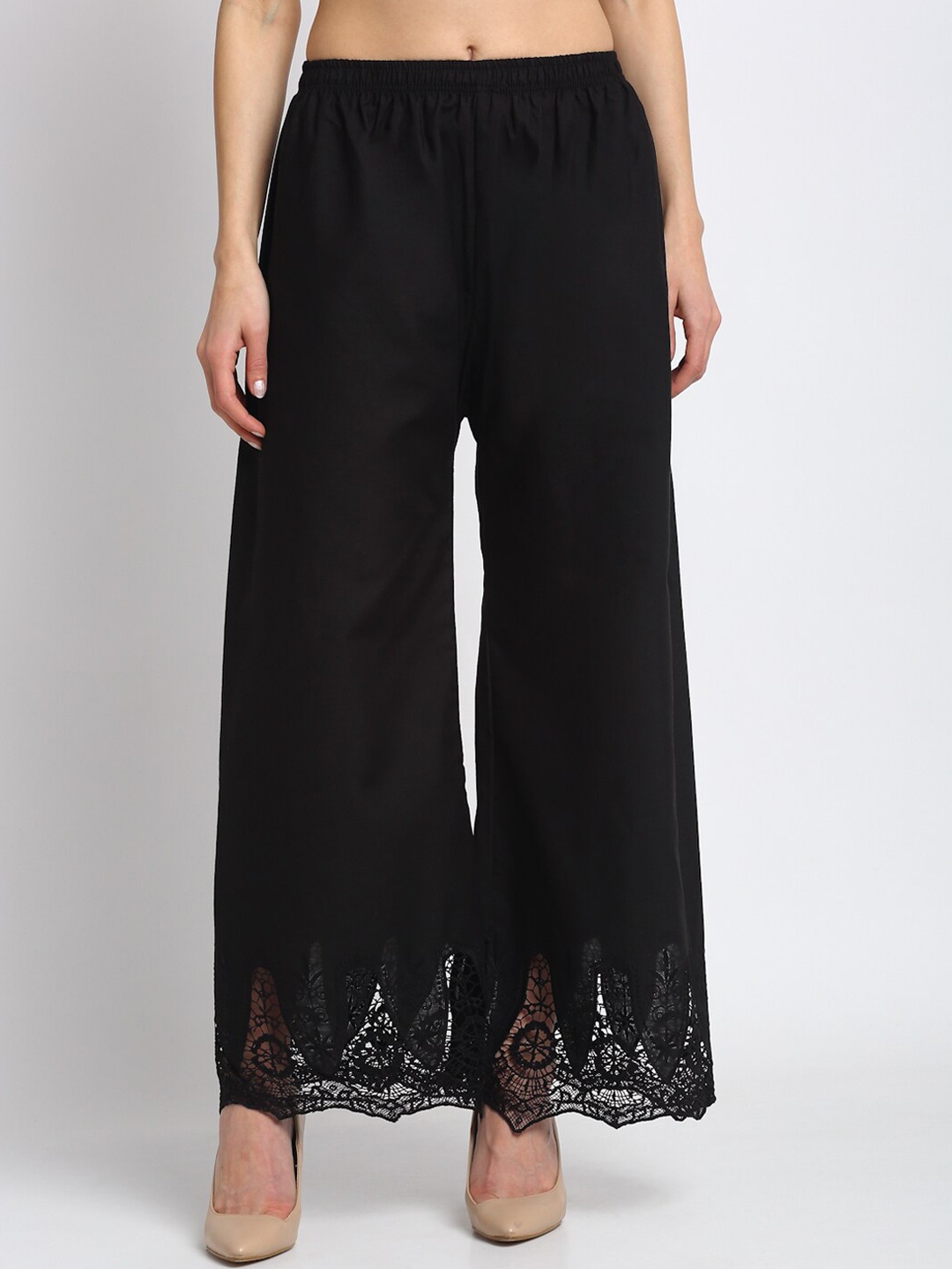 

Miaz Lifestyle Women Black Hem Design Cotton Flared Palazzos
