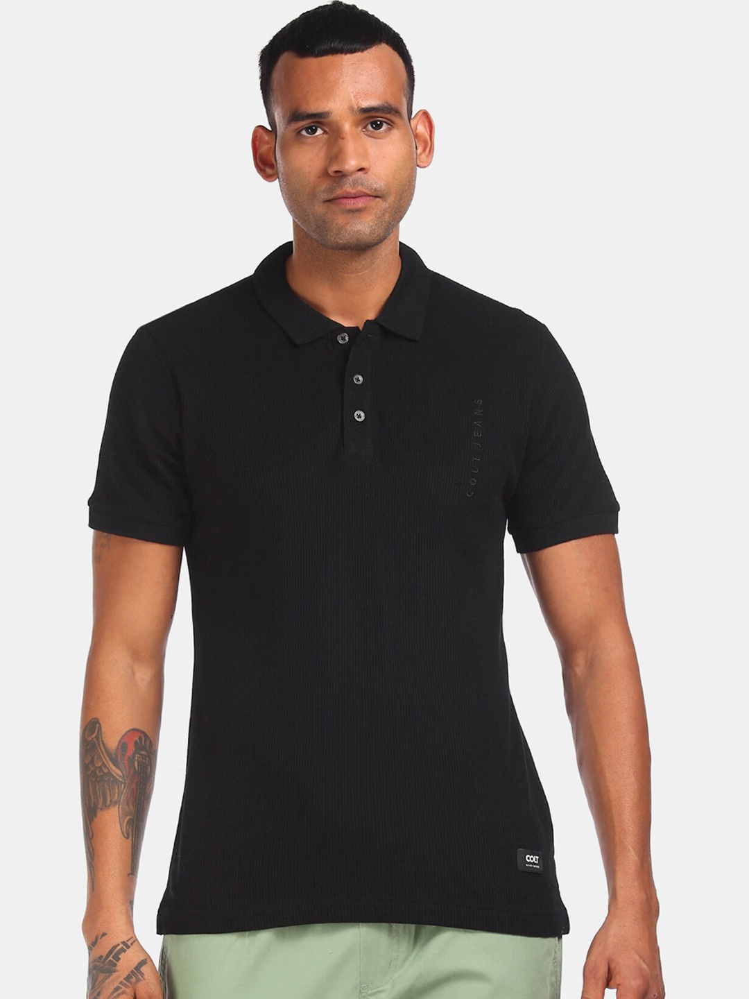

Colt Men Black Solid Polo Collar T-shirt