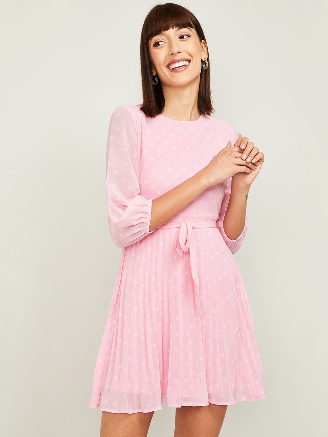 

Ginger by Lifestyle Women Pink Polka Dot Printed Fit and Flare Dress