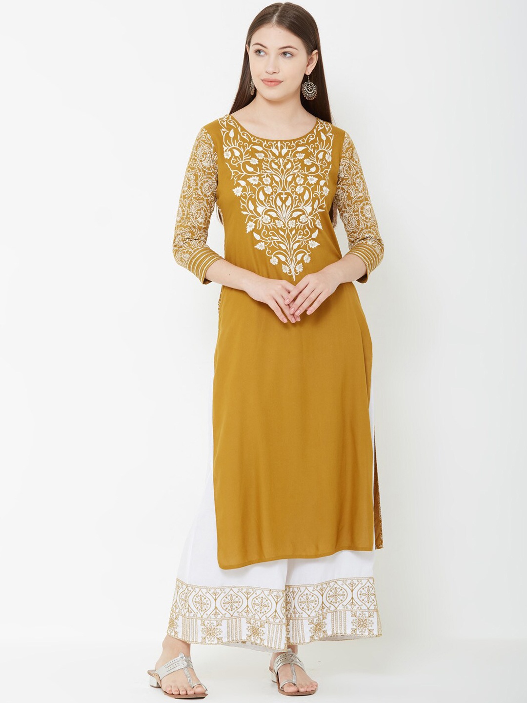 

FASHOR Women Mustard Yellow Yoke Design Kurta with Palazzos