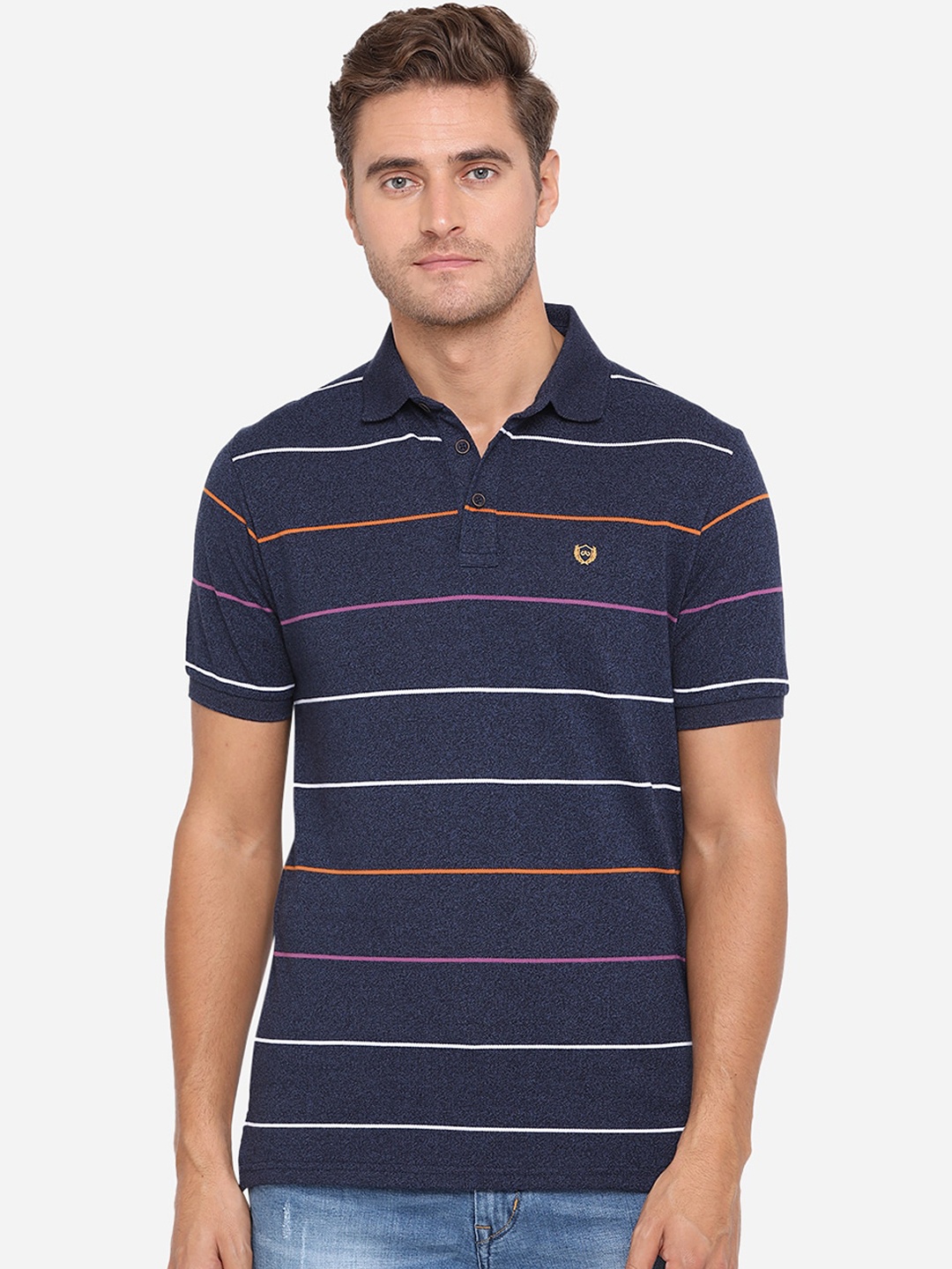

JADE BLUE Men Navy Blue Striped Polo Collar Pure Cotton T-shirt