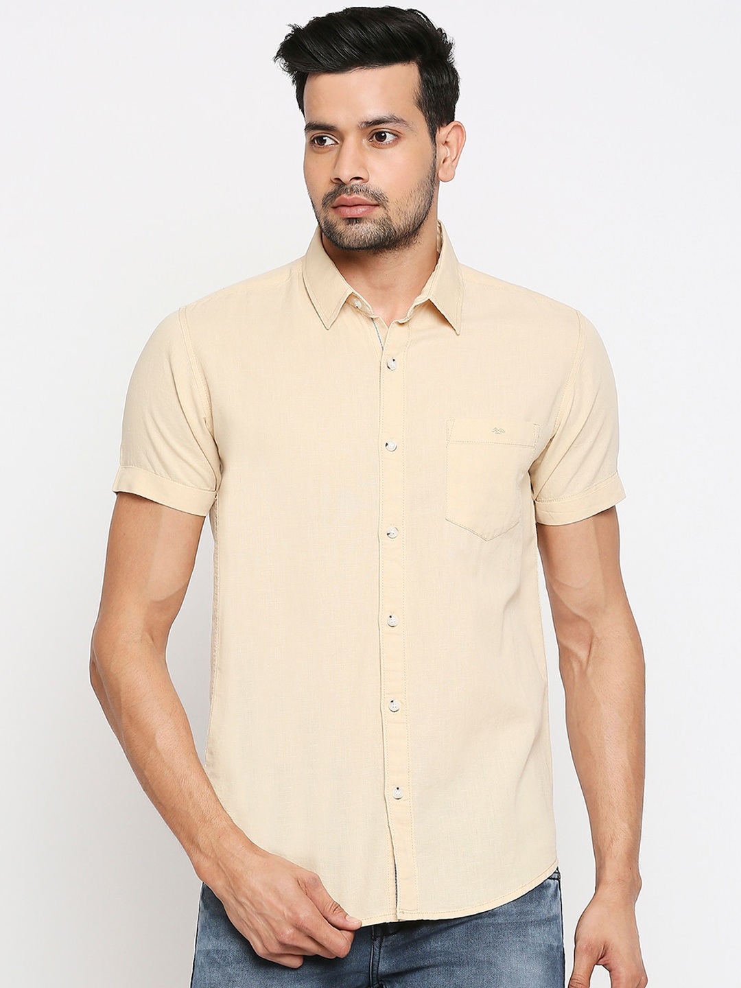

Mufti Men Beige Slim Fit Solid Cotton Linen Casual Shirt