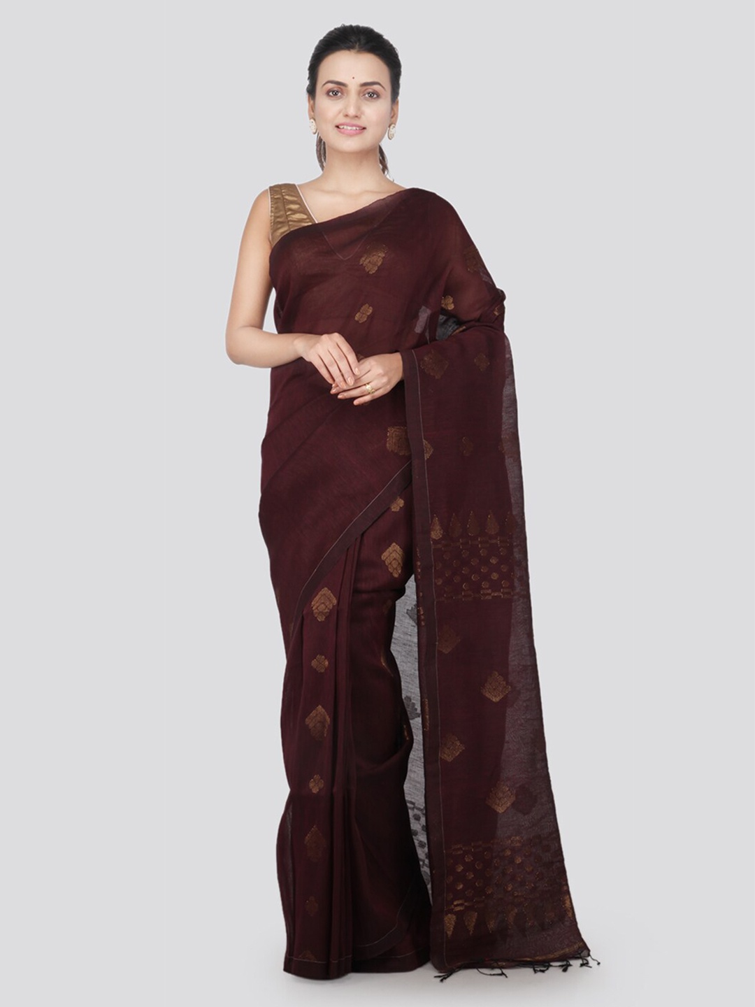 

PinkLoom Brown Cotton Blend Woven Design Jamdani Sustainable Saree