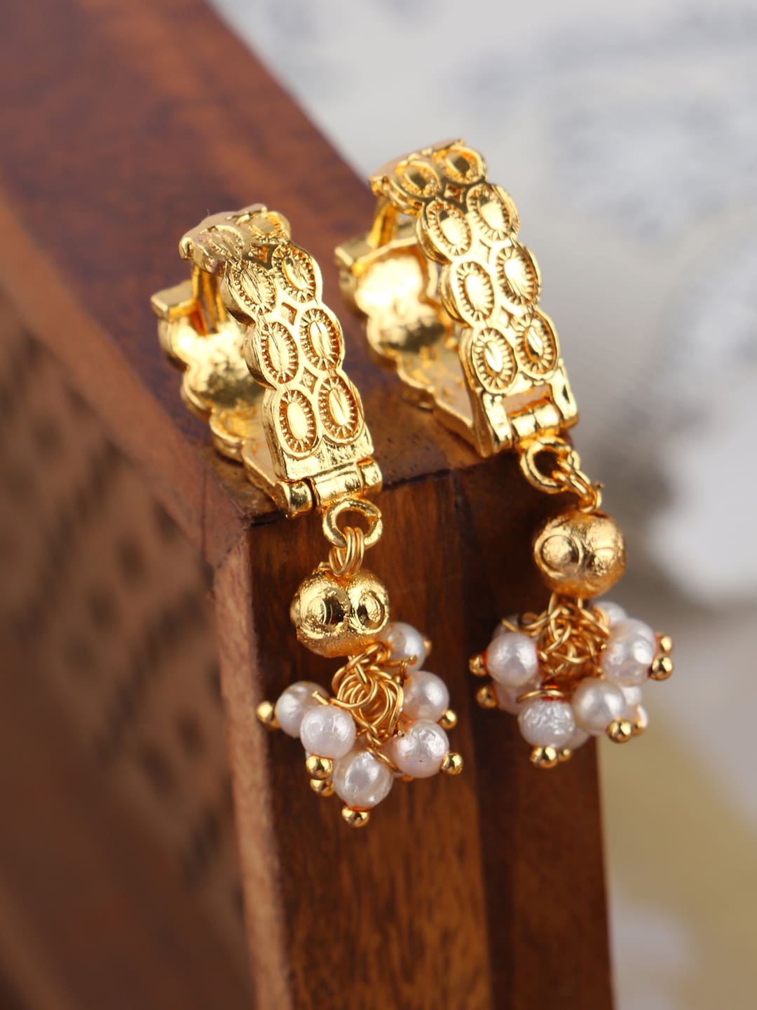 

ANIKAS CREATION Gold-Plated & White Contemporary Drop Earrings