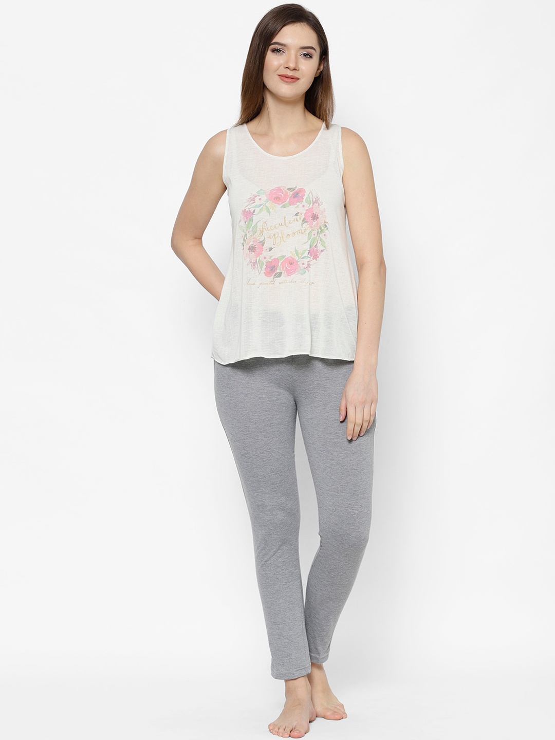 

VIMAL JONNEY Women Cream-Coloured & Grey Printed Night suit