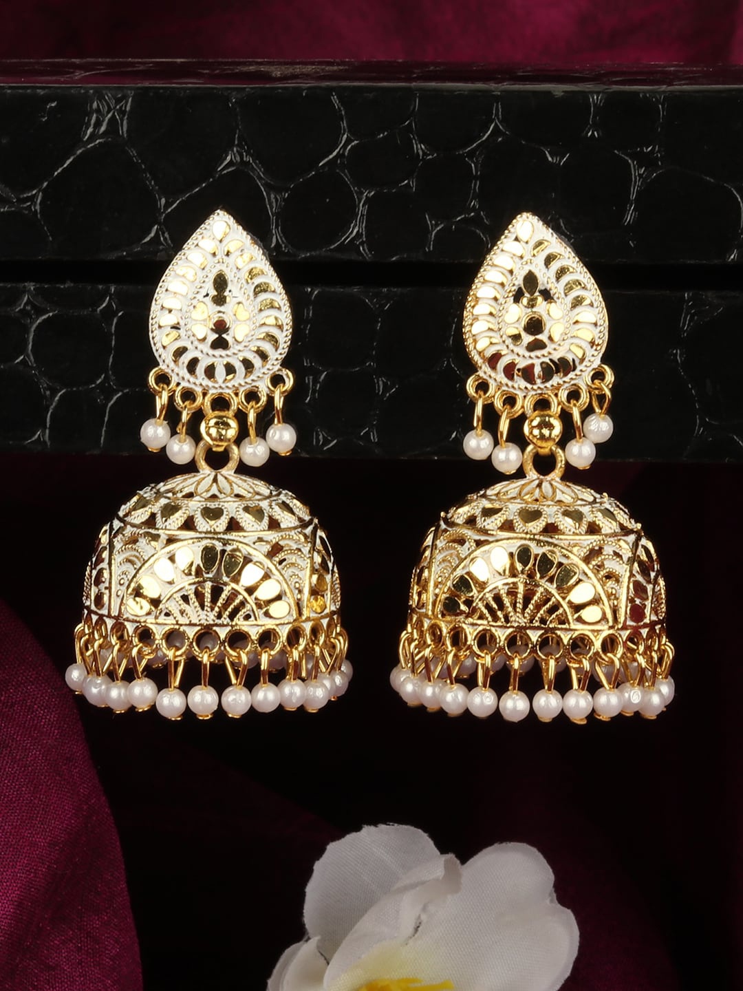 ANIKAS CREATION White & Gold-Plated Dome Shaped Jhumkas