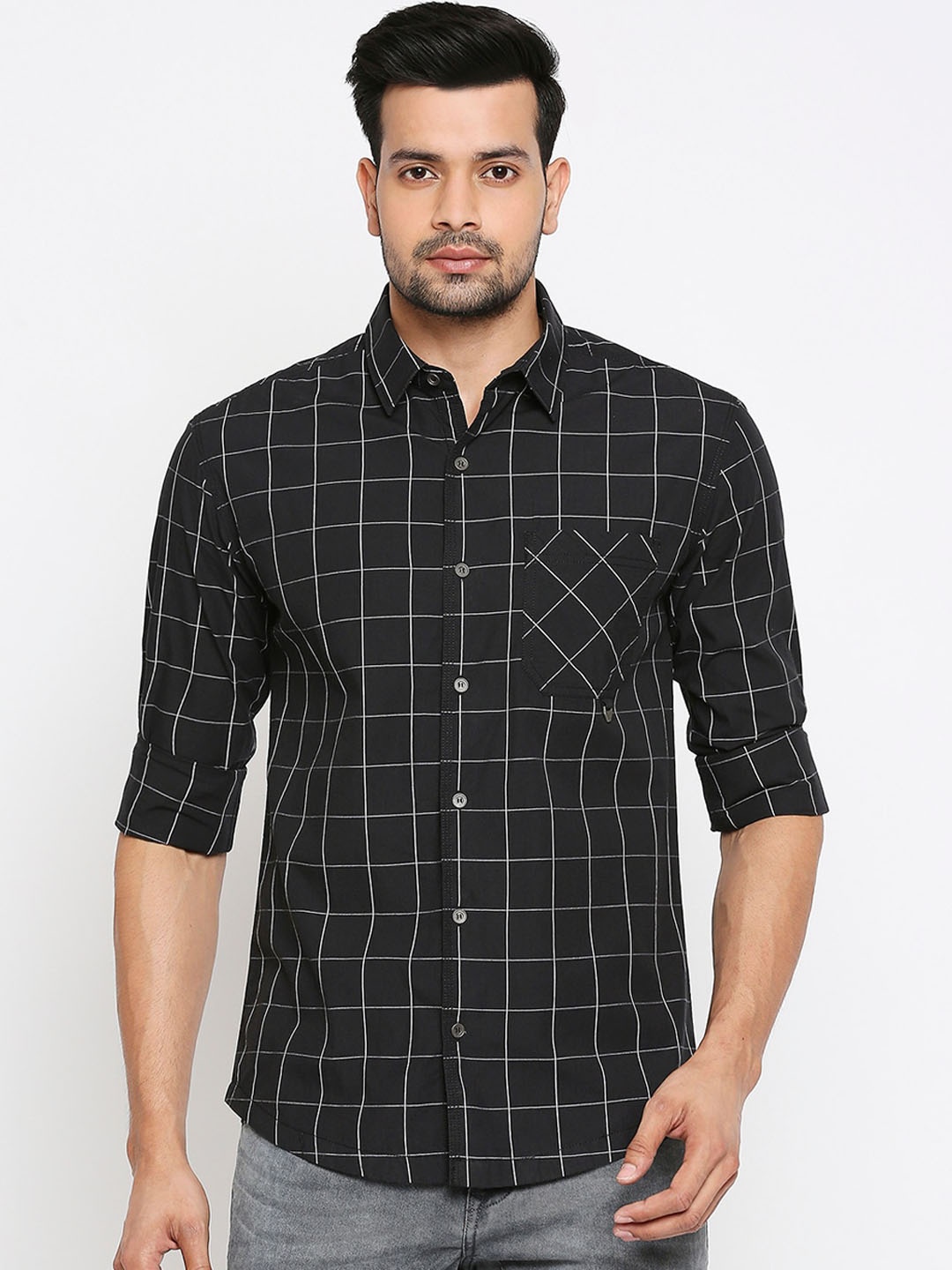 

Mufti Men Black Slim Fit Checked Casual Cotton Shirt
