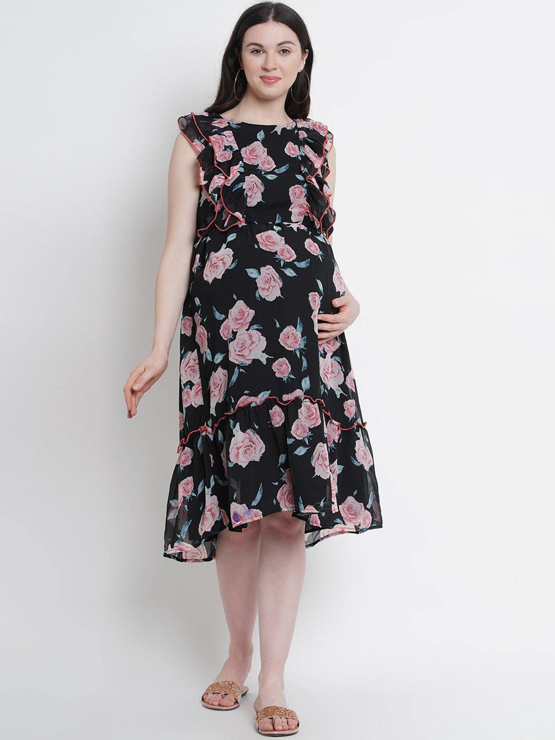 

Mine4Nine Women Black Printed Maternity Fit and Flare Dress