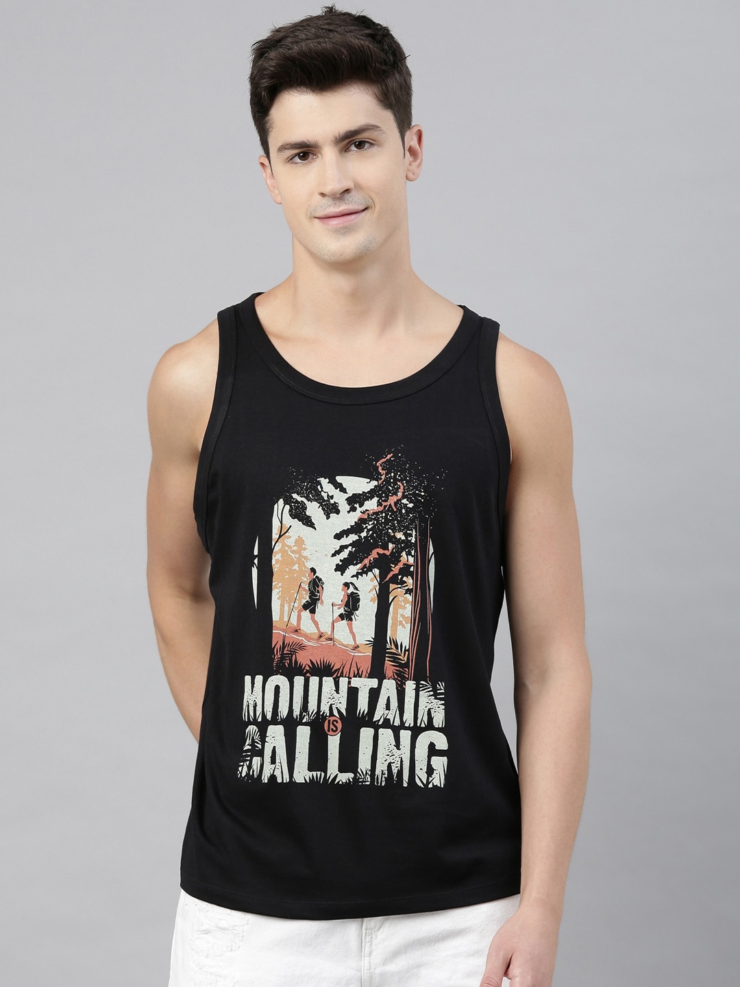 

Bushirt Men Black Mountain Is Calling Printed Round Neck Pure Cotton T-shirt