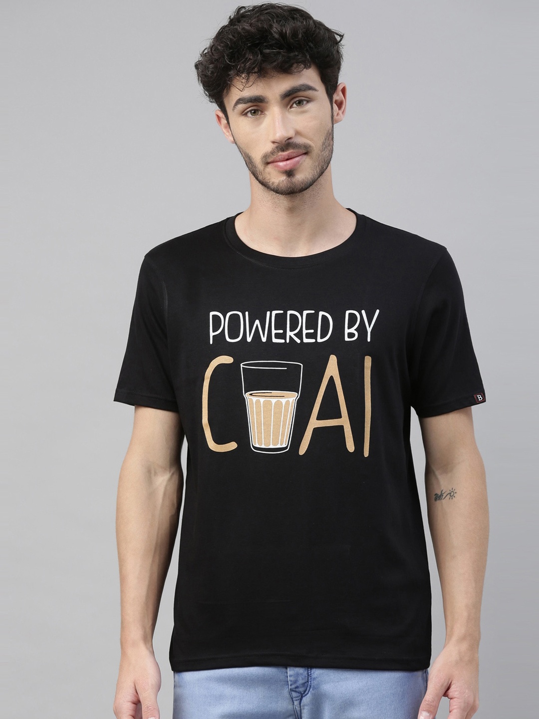 

Bushirt Men Black Printed Round Neck Cotton Pure Cotton T-shirt