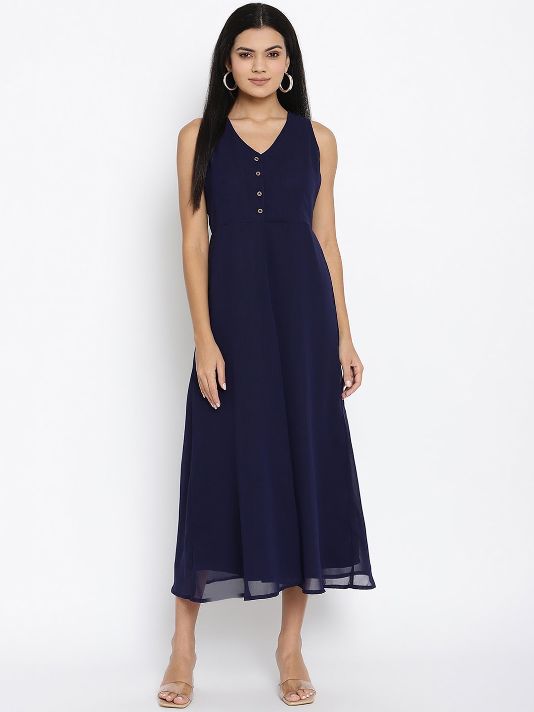 

THREAD MUSTER Women Navy Blue Solid Fit and Flare Dress