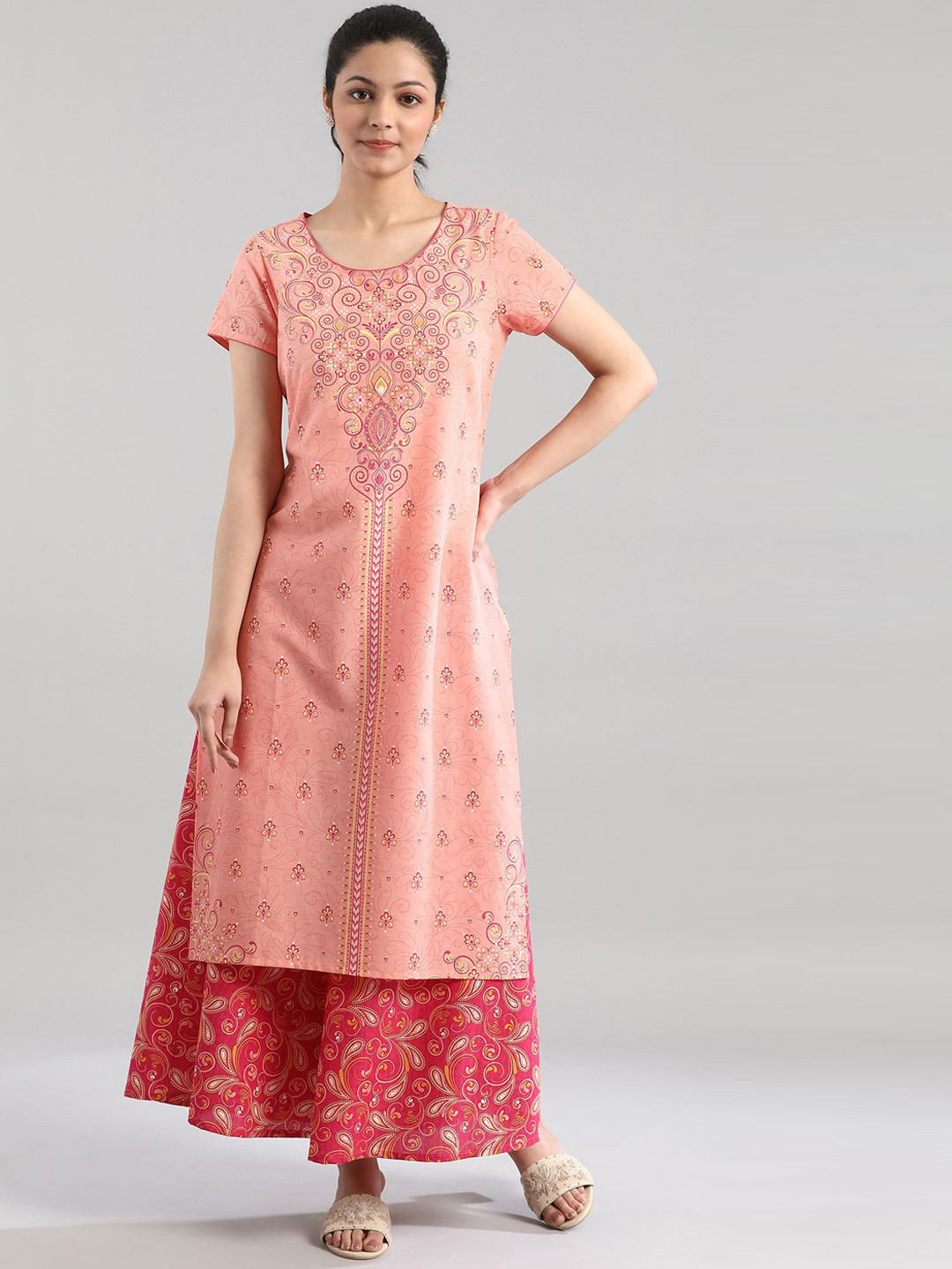 

AURELIA Women Peach-Coloured Ethnic Motifs Printed Pastels Kurta