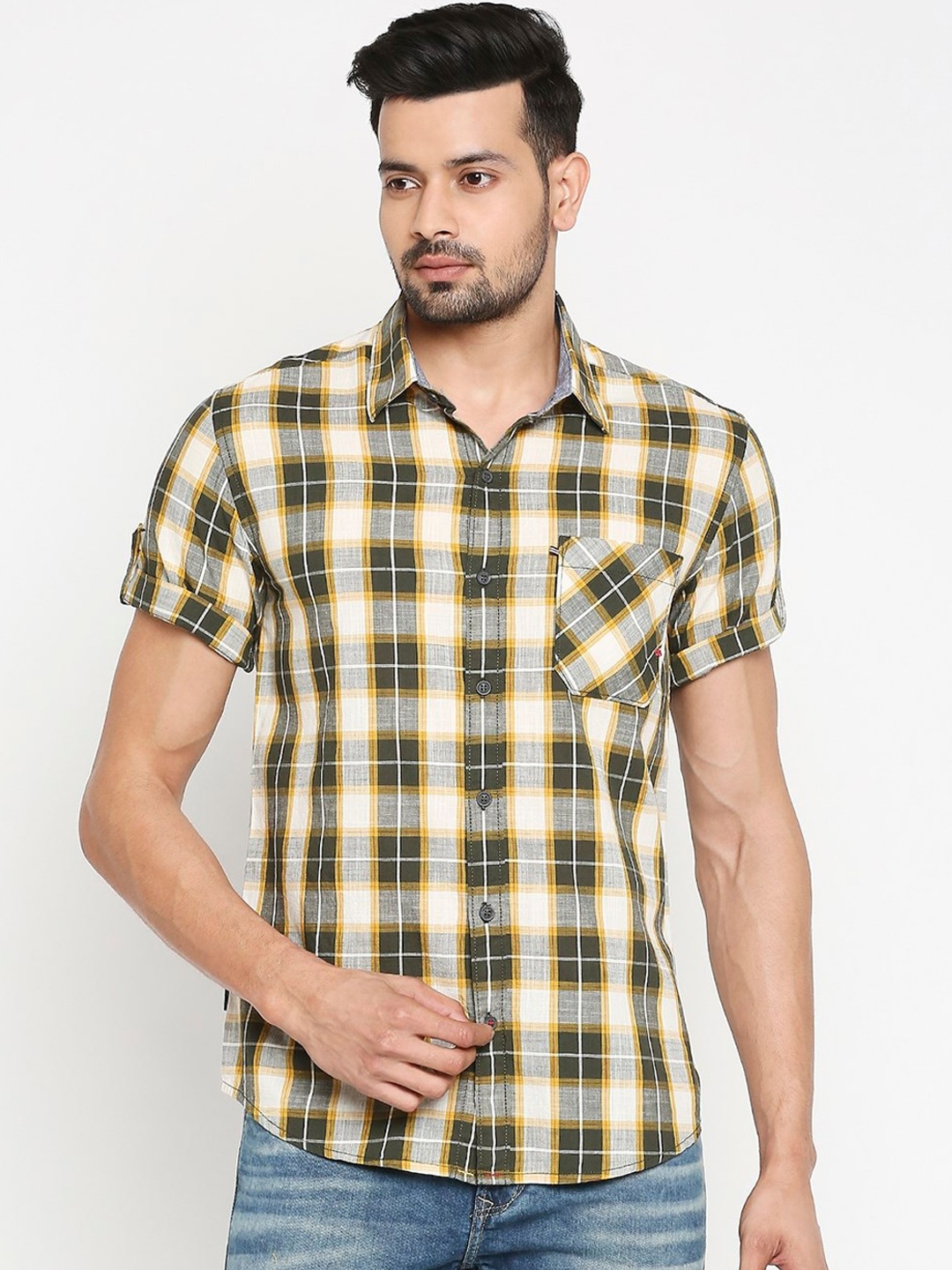 

Mufti Men Olive Green & Mustard Slim Fit Checked Casual Shirt