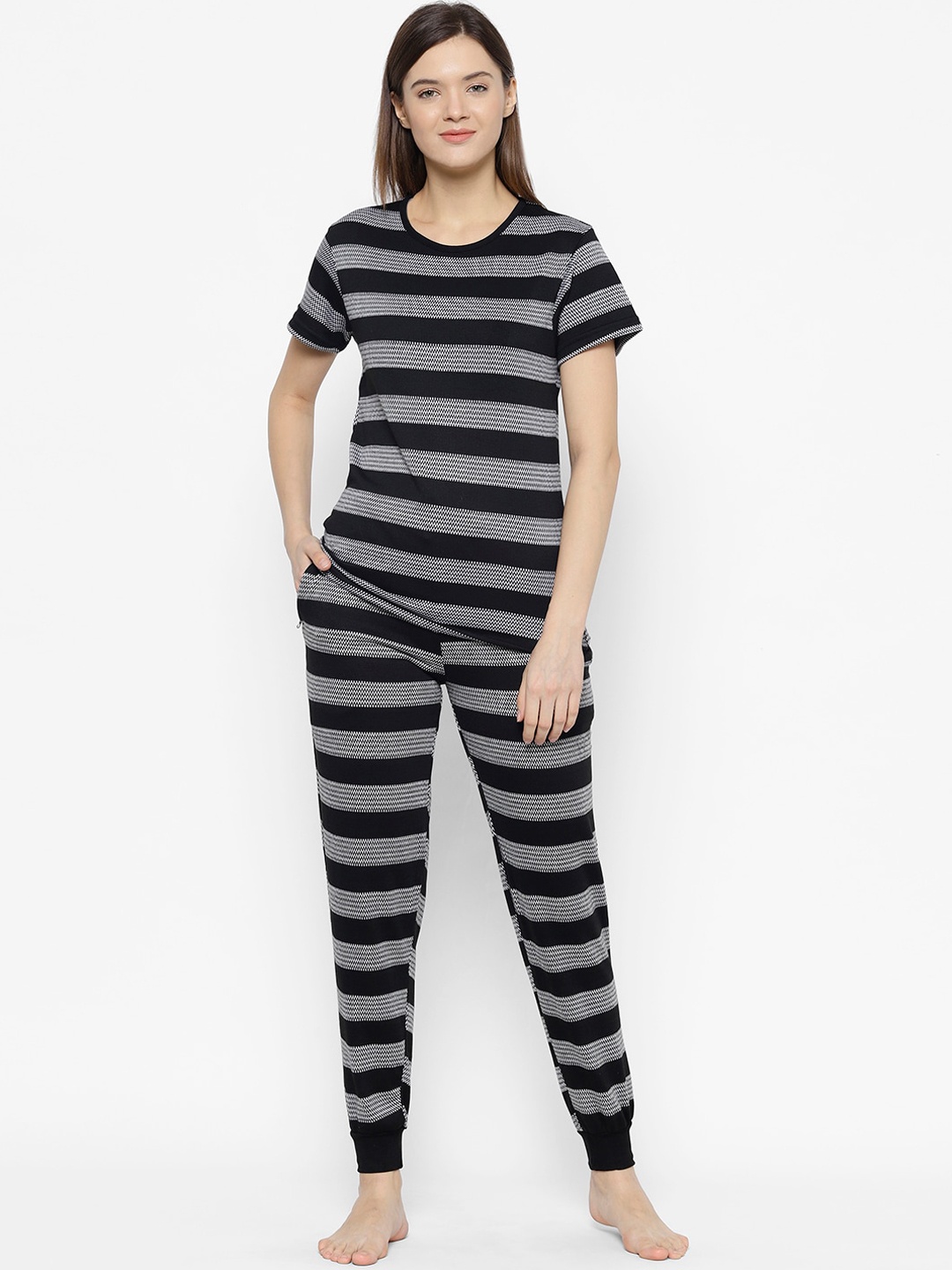 

VIMAL JONNEY Women Black & White Striped Night suit