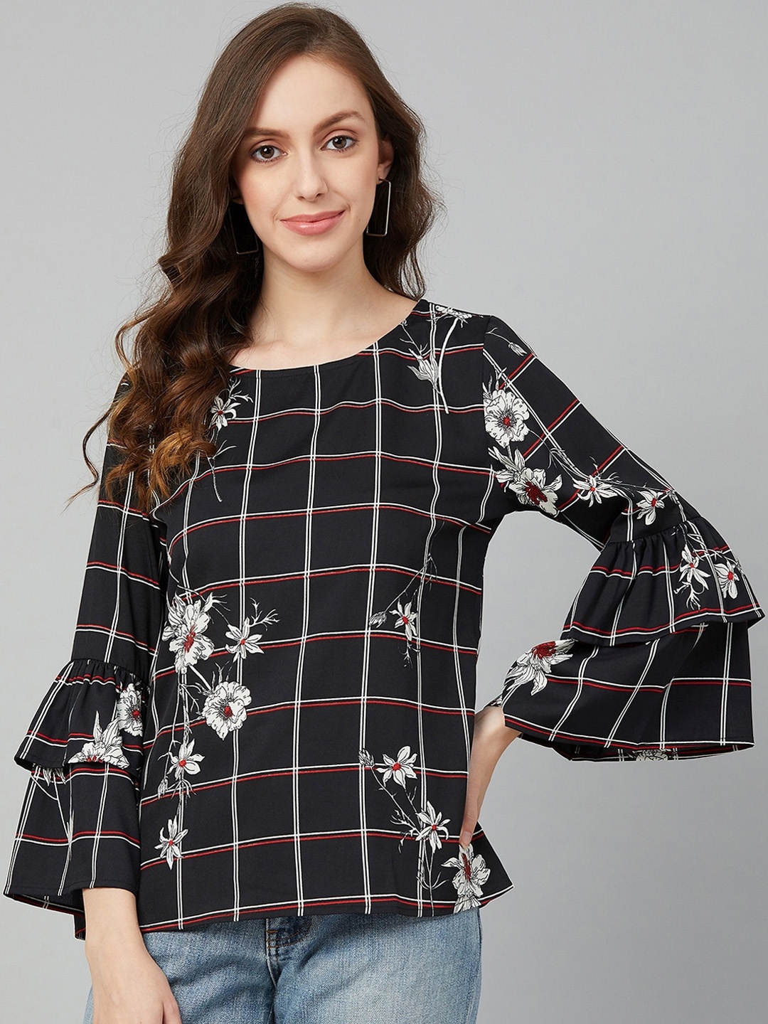 

RARE Black & Red Checked Bell Sleeves Crepe Regular Top