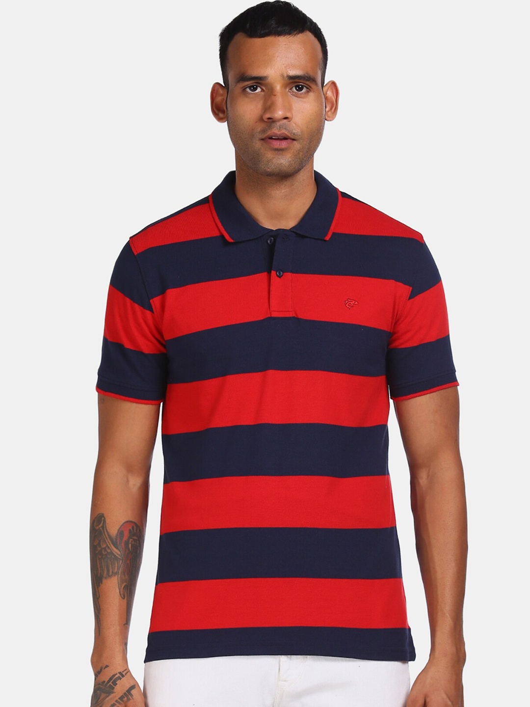 

Ruggers Men Red & Navy Blue Striped Polo Collar Cotton Blend T-shirt