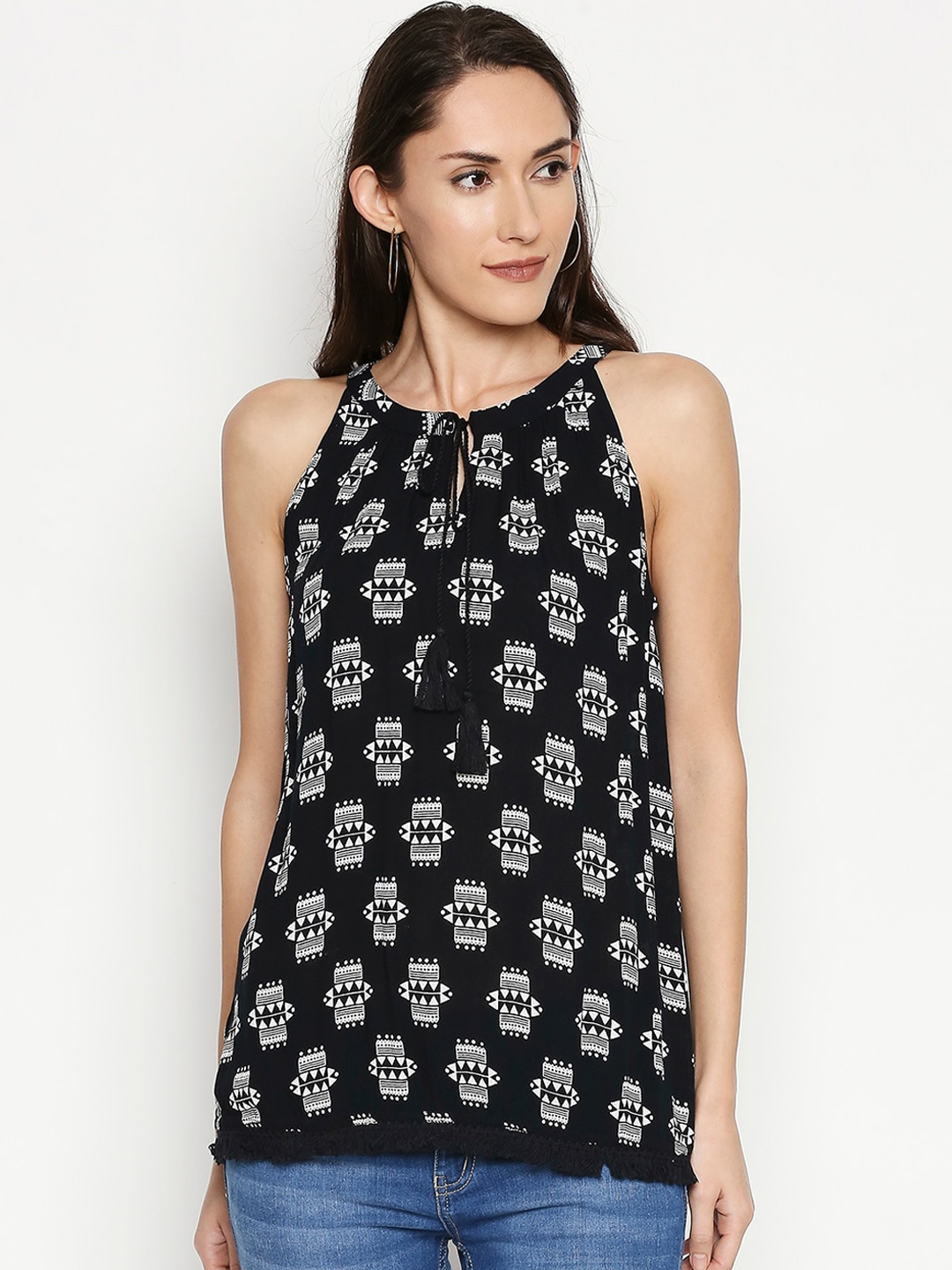 

Forever Glam by Pantaloons Black & White Printed Tie-Up Neck Regular Top