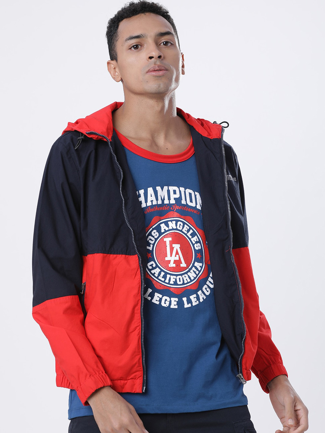 

LOCOMOTIVE Men Red & Navy Blue Colourblocked Sporty Jacket