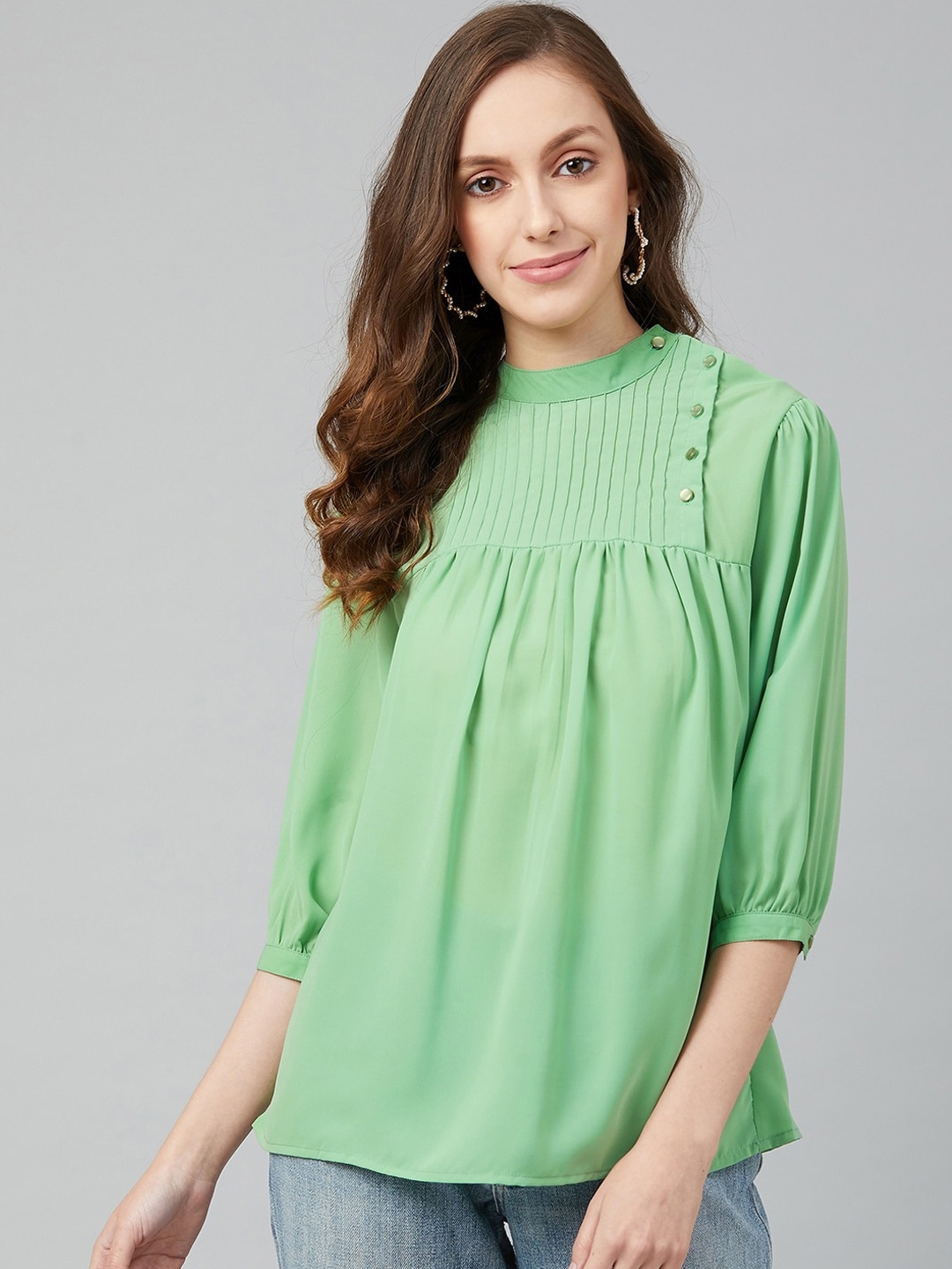 

RARE Green Bishop Sleeves Georgette A-Line Top