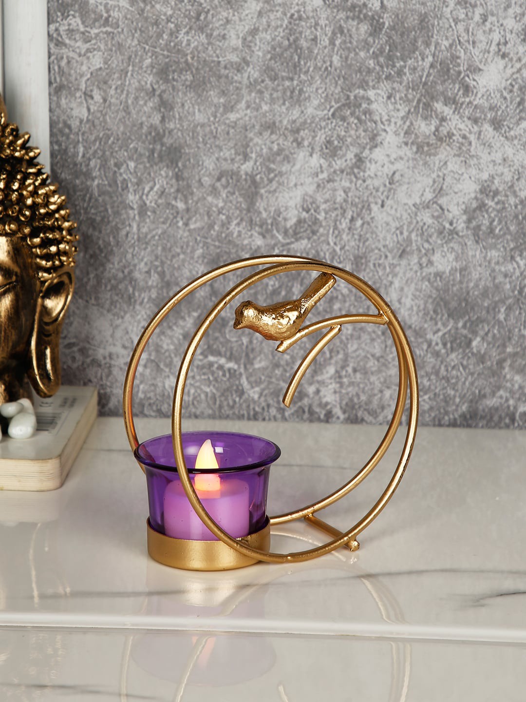 

CraftVatika Gold-Toned & Purple Iron Bird Tea Light Candle Holders Stand