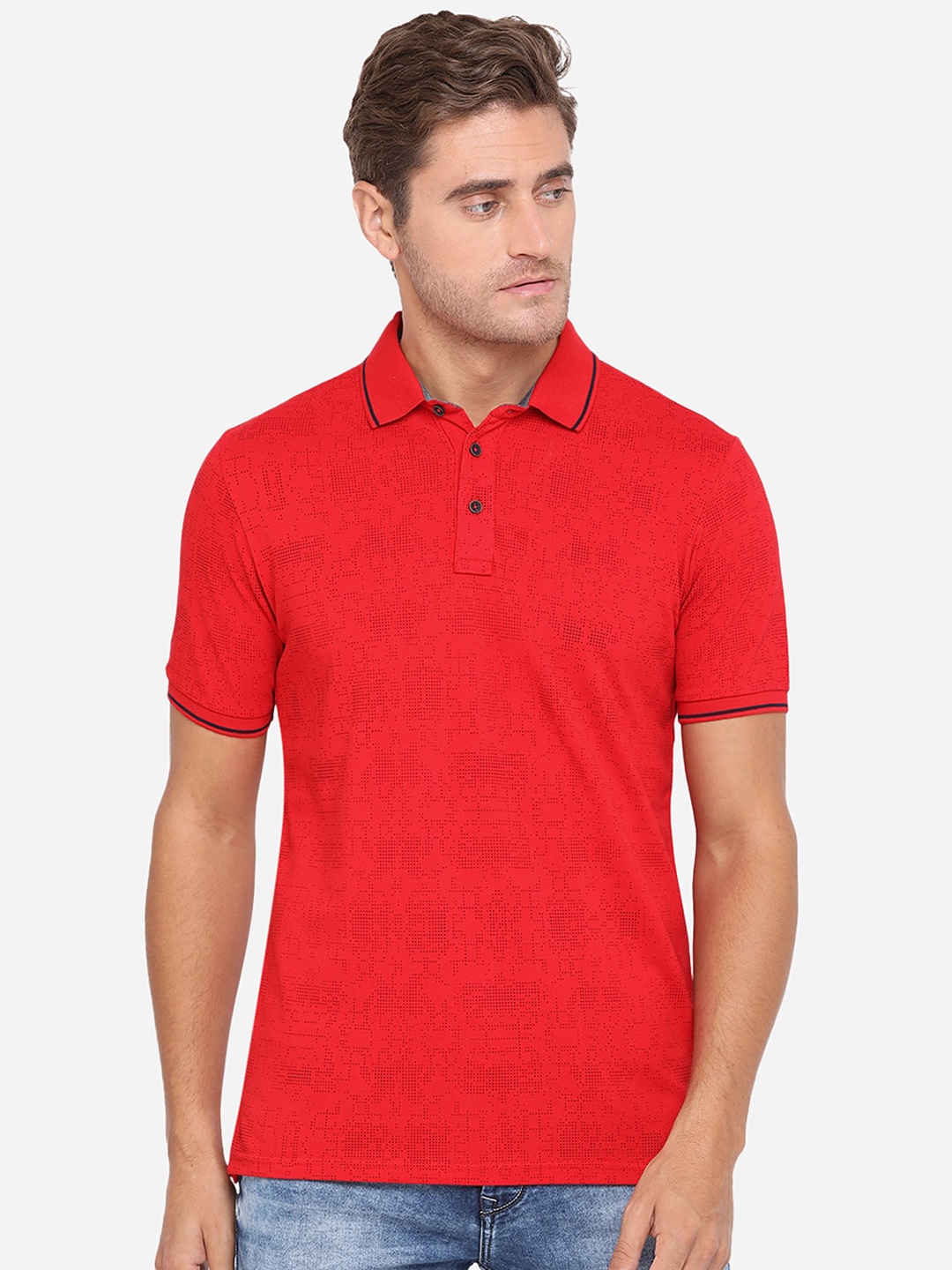 

JADE BLUE Men Red Printed Polo Collar Cotton Pure Cotton T-shirt
