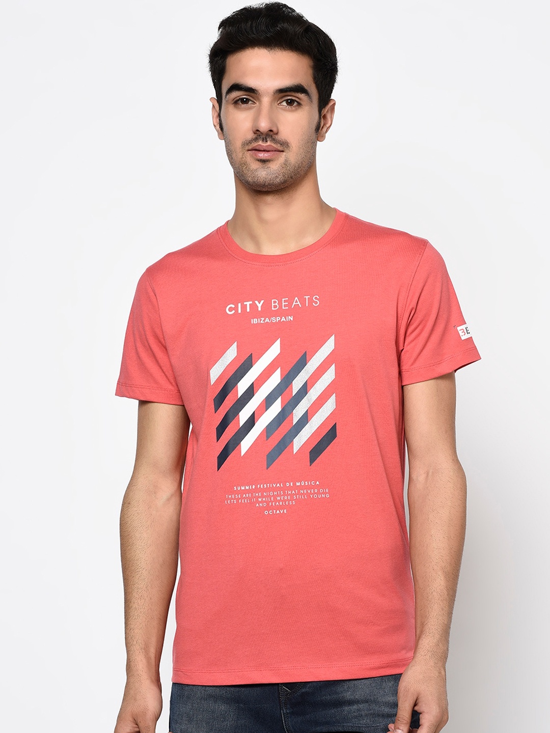 

Octave Men Coral Pink & White Printed Round Neck Cotton T-shirt