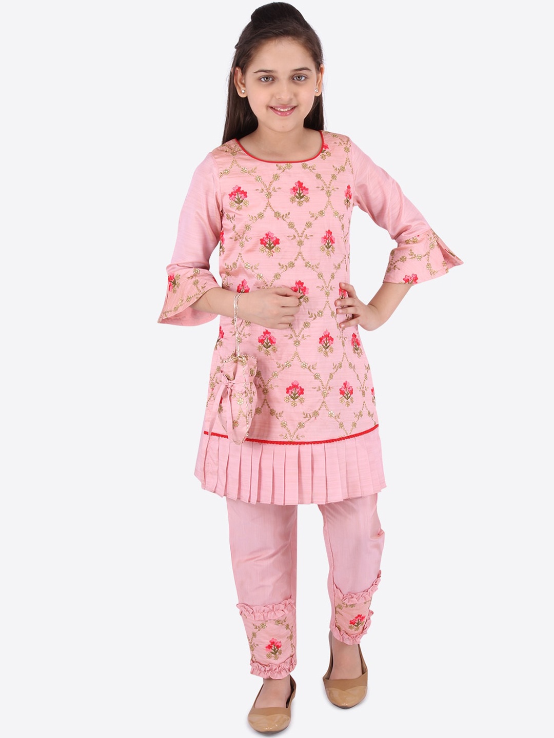 

CUTECUMBER Girls Pink Embroidered Kurti with Churidar