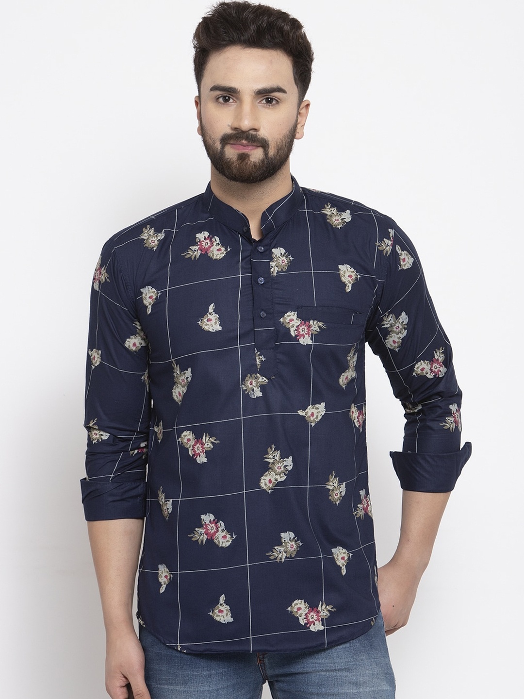 

KLOTTHE Men Blue & Off White Floral Checked Kurta