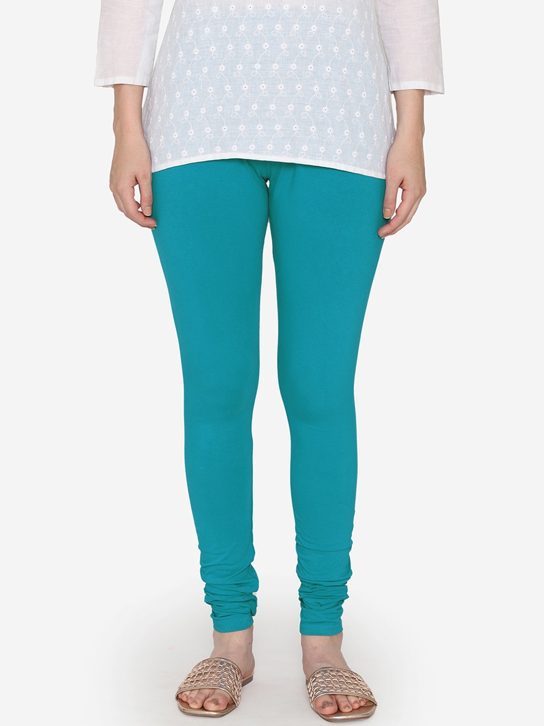 

Vami Women Turquoise Blue Cotton Solid Churidar-Length Leggings