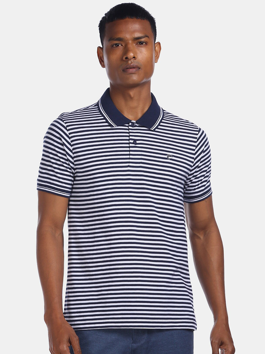 

Ruggers Men Navy Blue & White Striped Polo Collar T-shirt