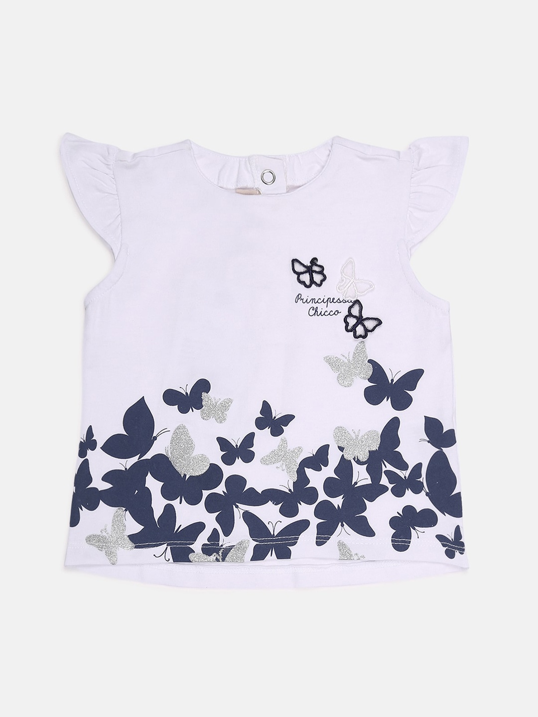 

Chicco Girls White & Navy Blue Printed Cap Sleeves Regular Top