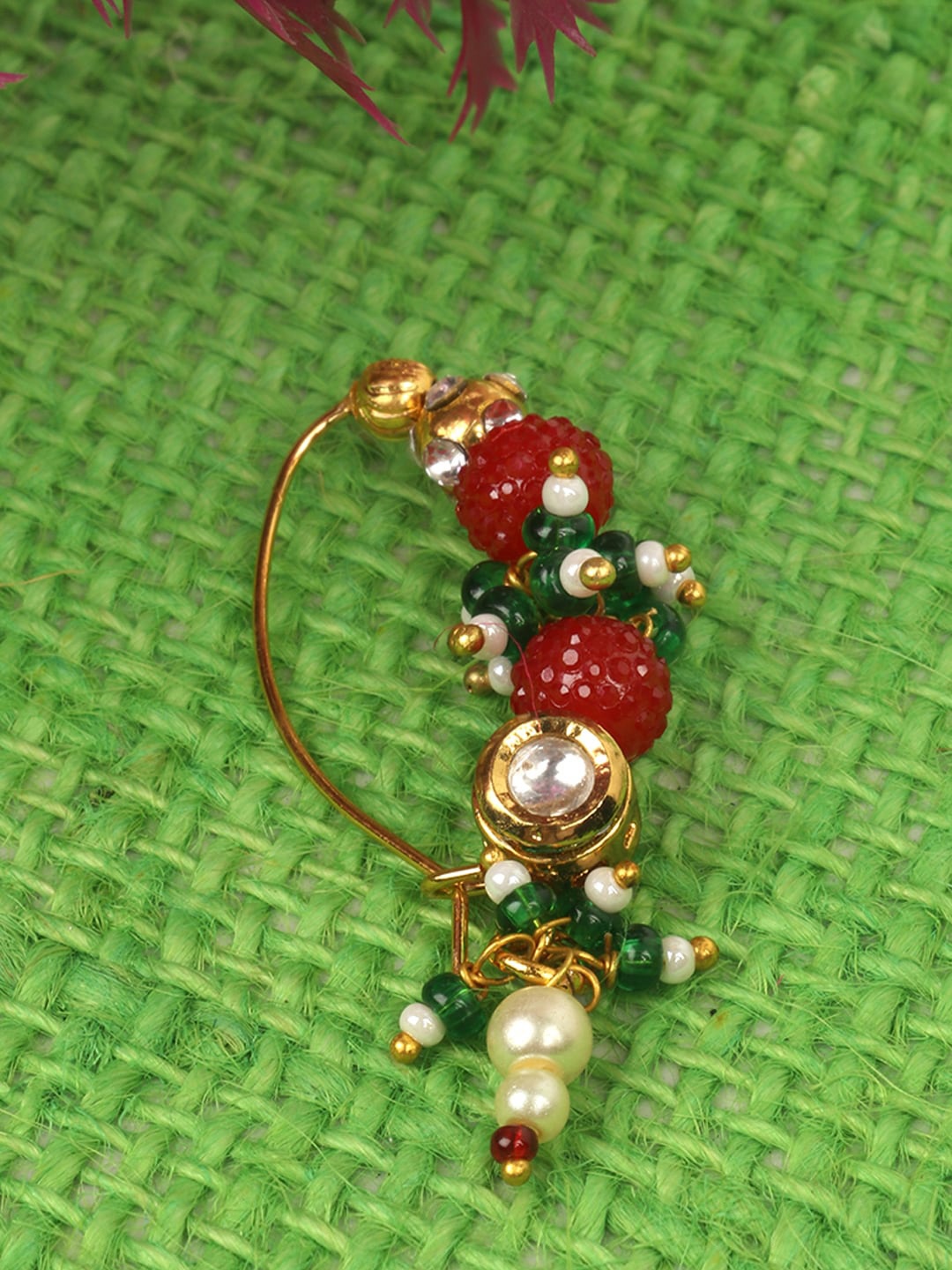 

JEWELS GEHNA Gold-Plated Red & Green Pearl Beaded Nose Pin
